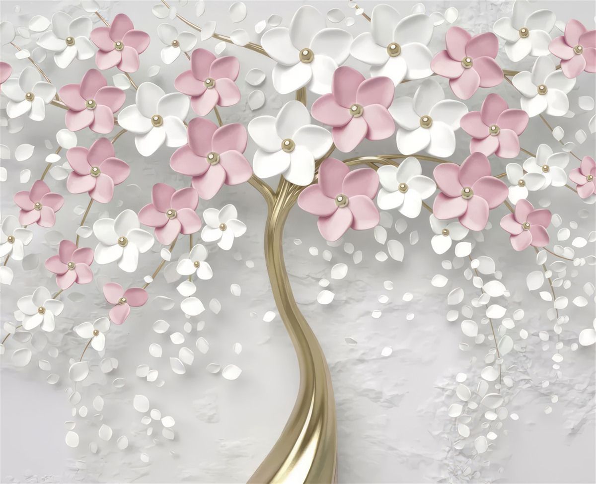 Фотошпалери маленькі біло-рожеві квіти на дереві з золотистим листям
