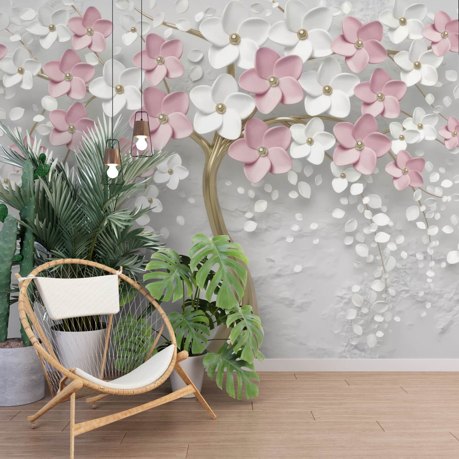 Фотошпалери маленькі біло-рожеві квіти на дереві з золотистим листям