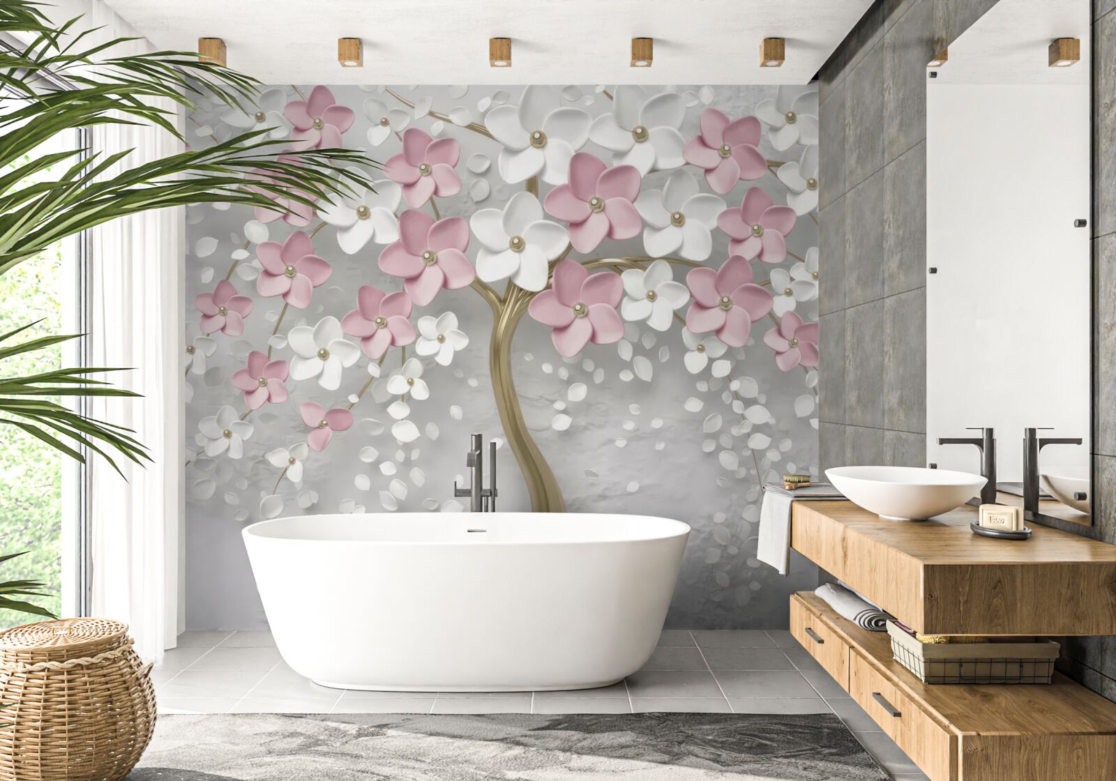 Фотошпалери маленькі біло-рожеві квіти на дереві з золотистим листям