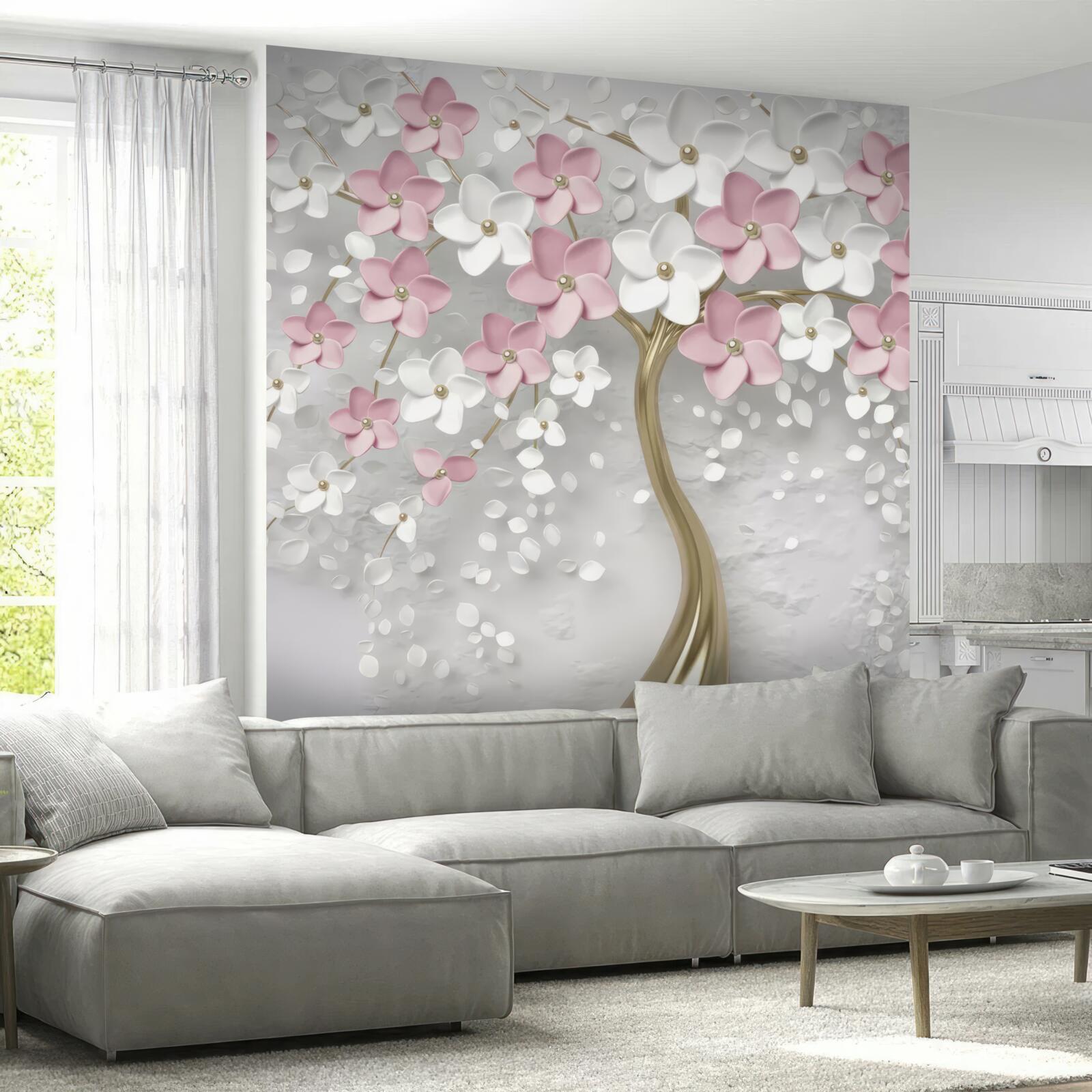 Фотошпалери маленькі біло-рожеві квіти на дереві з золотистим листям