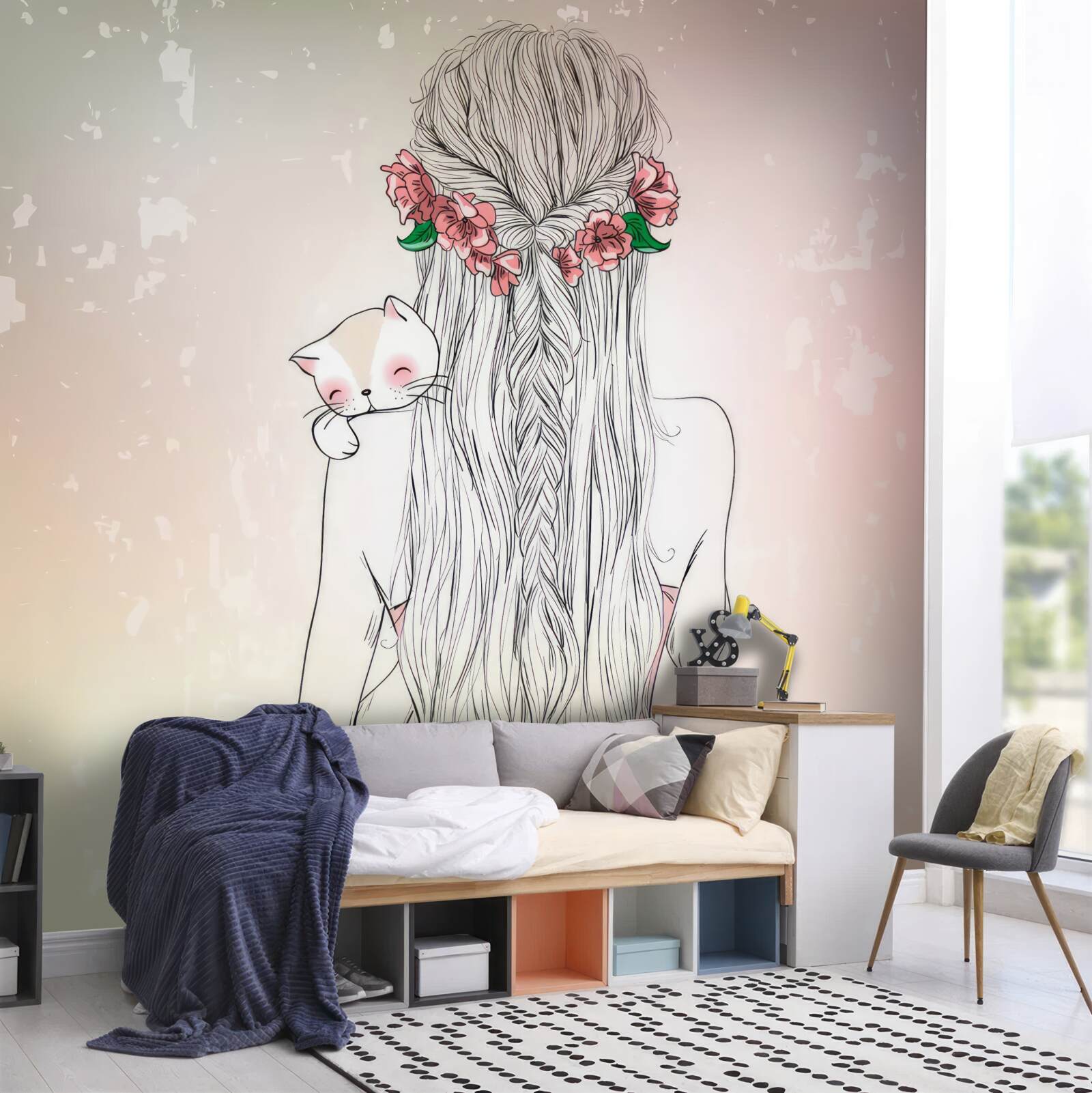 Фотошпалери дівчина стоїть спиною, тримаючи кота в руках