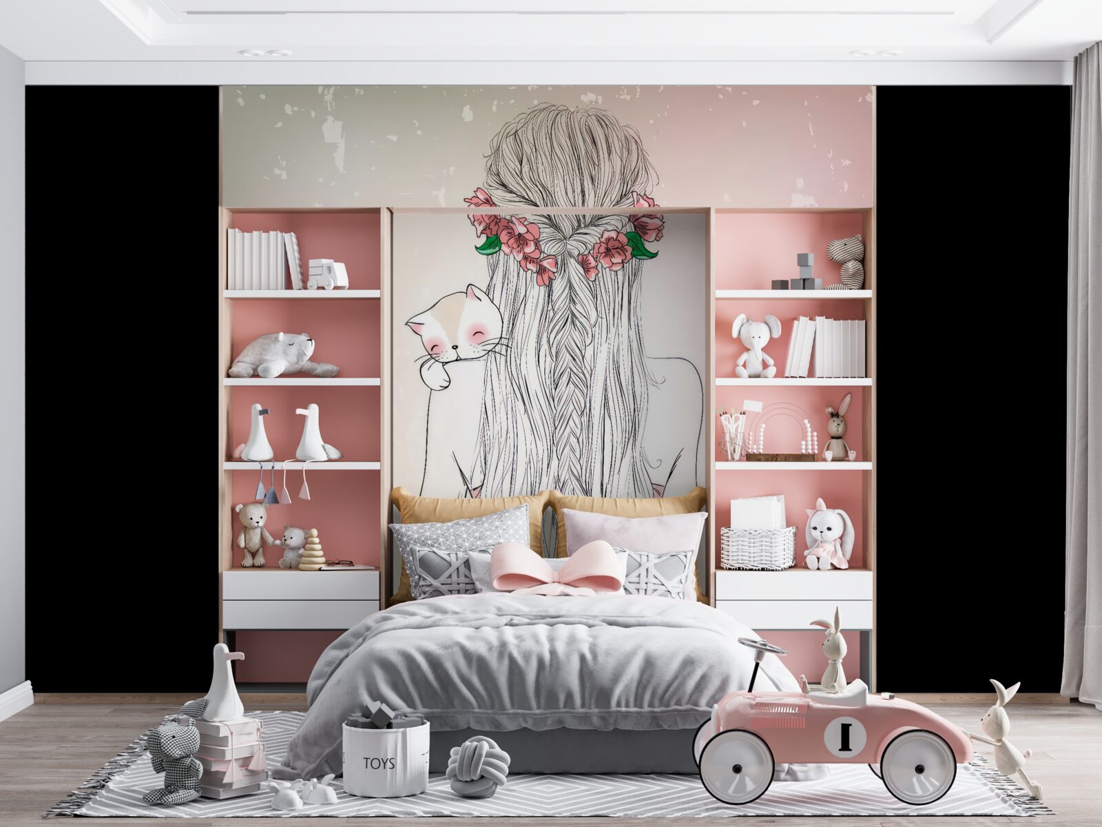 Фотошпалери дівчина стоїть спиною, тримаючи кота в руках