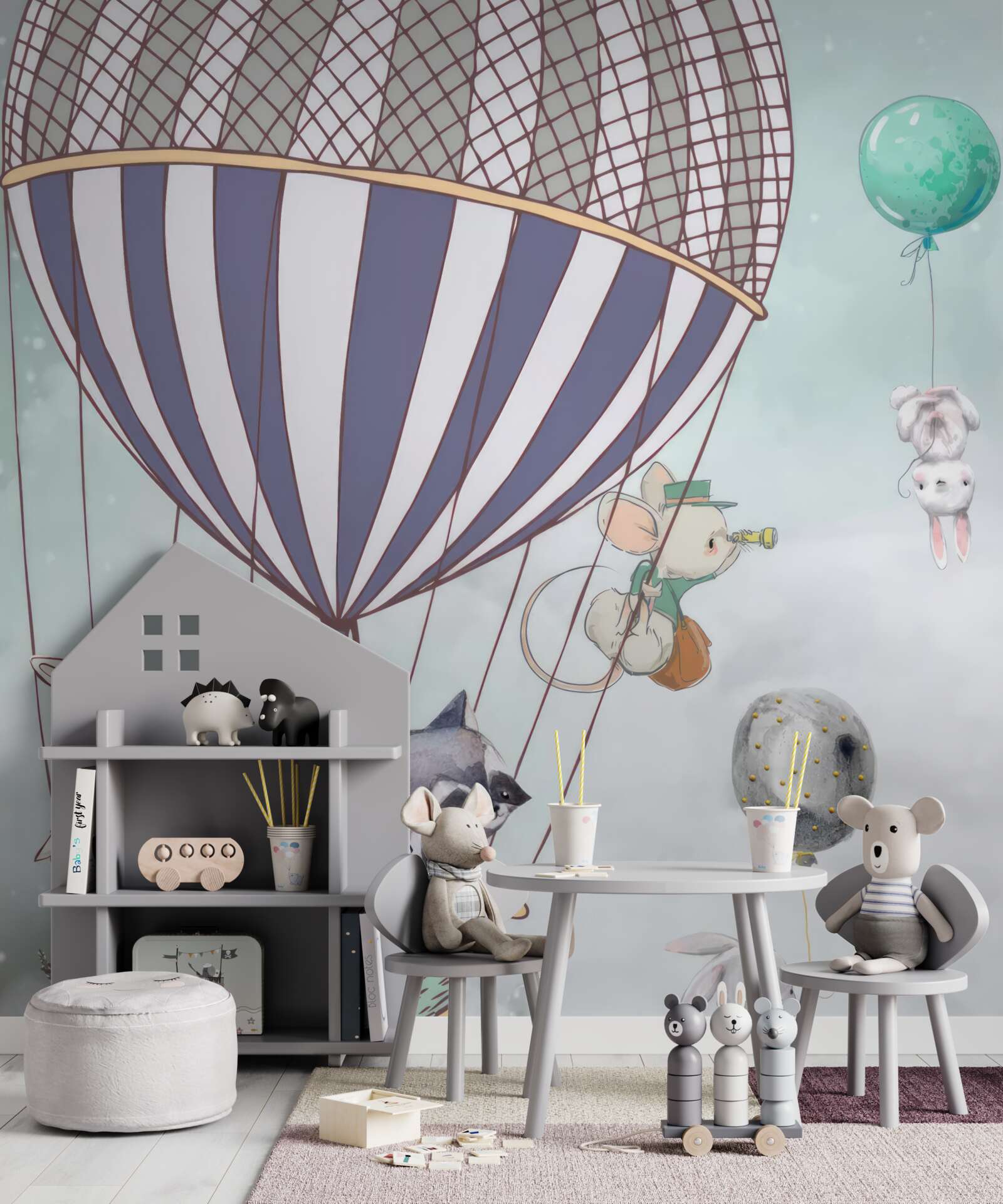 Фотошпалери тварини подорожують на повітряній кулі з повітряними кульками, що летять поруч з ними