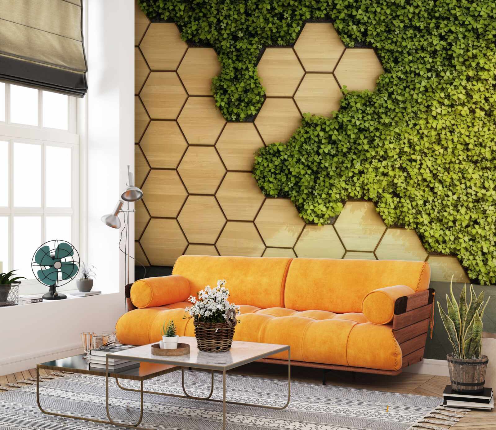 Фотошпалери зелений плющ, обвитий навколо коричневої стіни