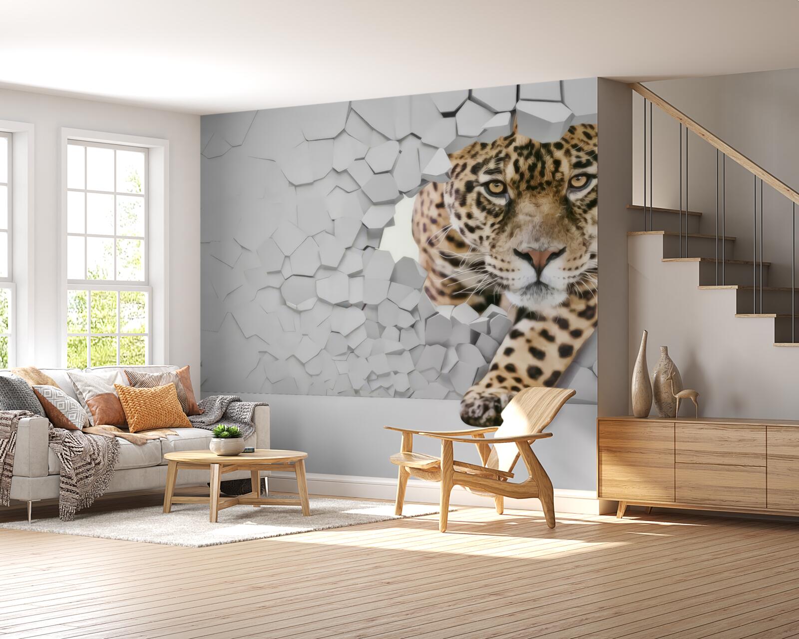Фотошпалери з білої стіни виходить леопард