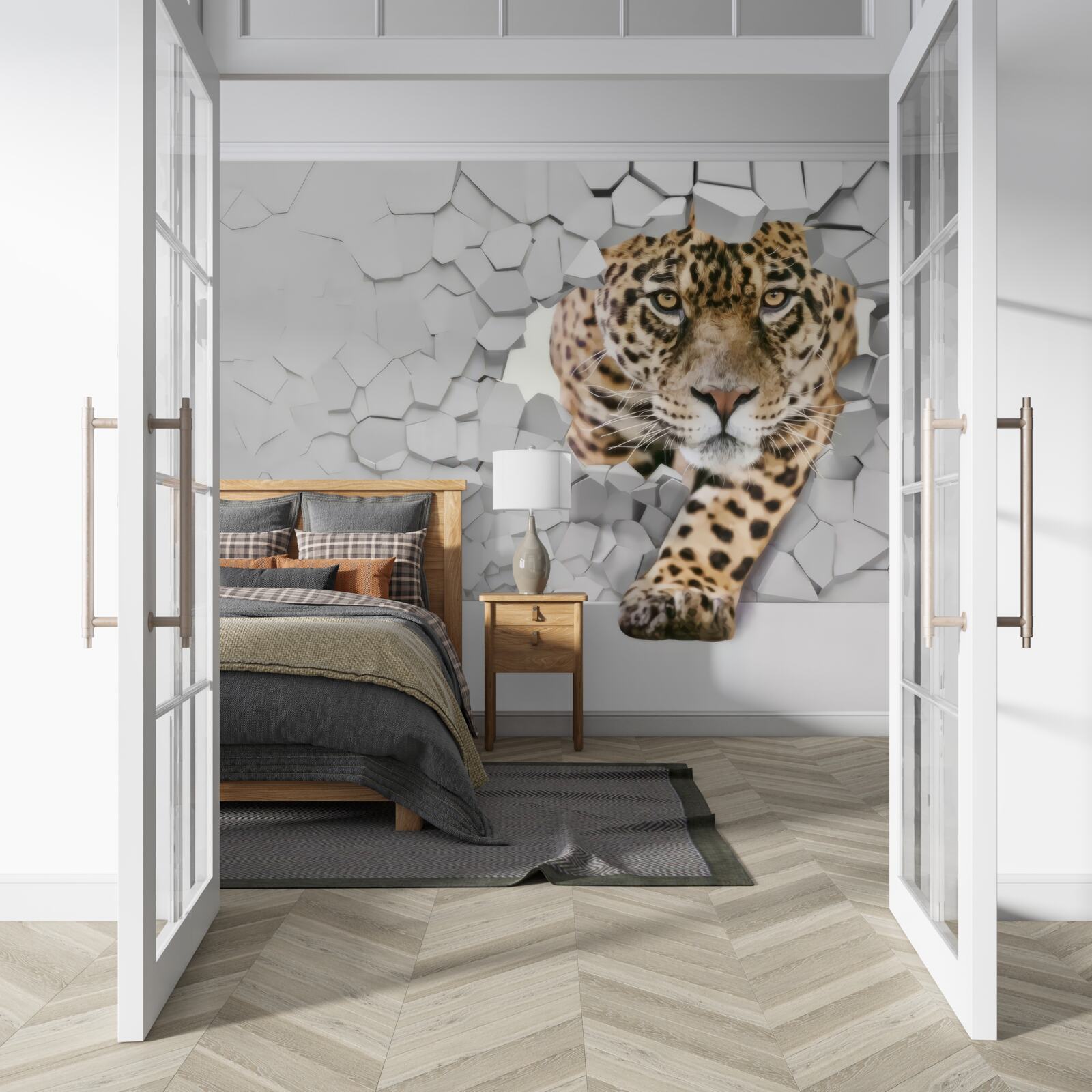 Фотошпалери з білої стіни виходить леопард
