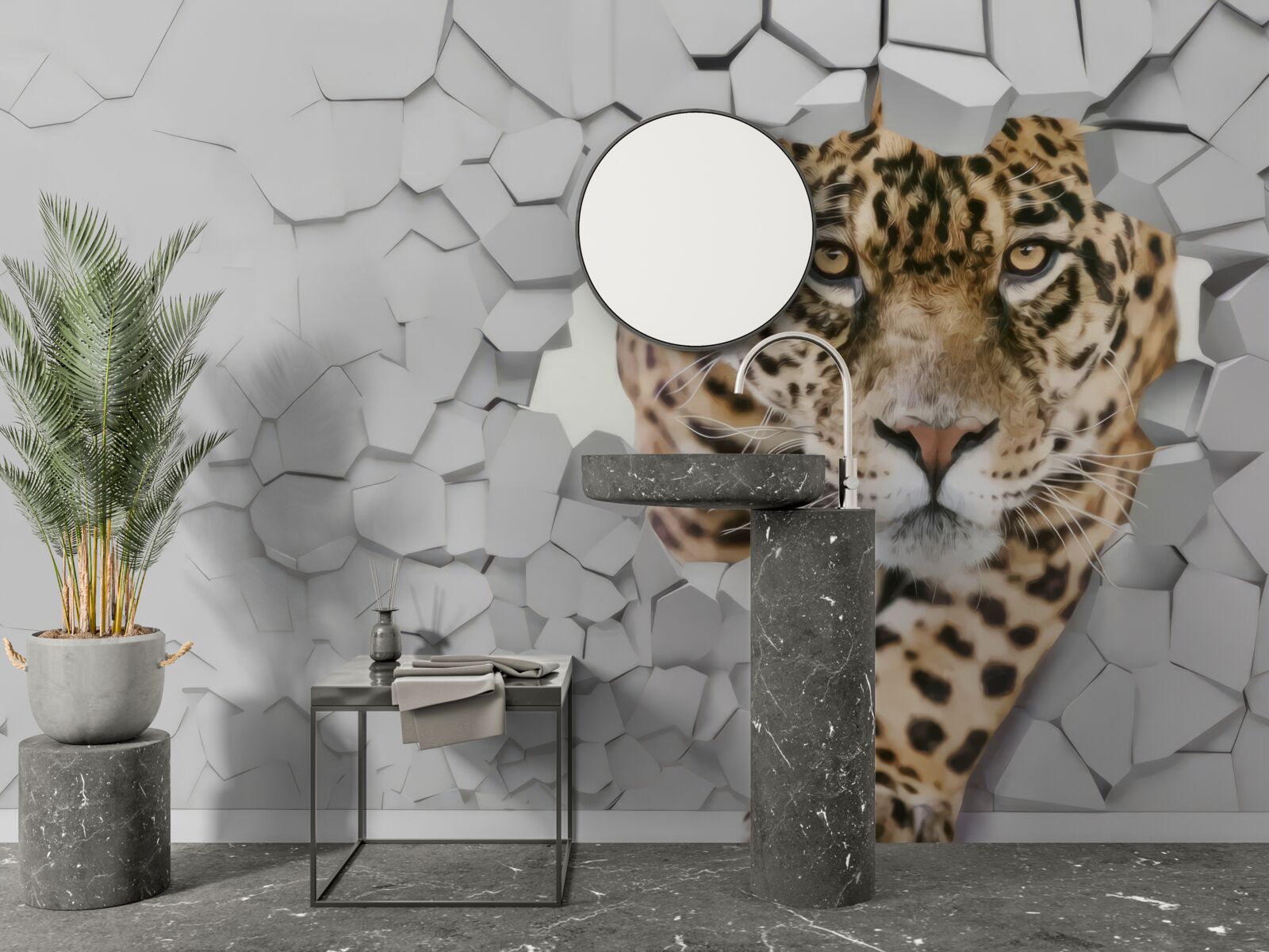 Фотошпалери з білої стіни виходить леопард