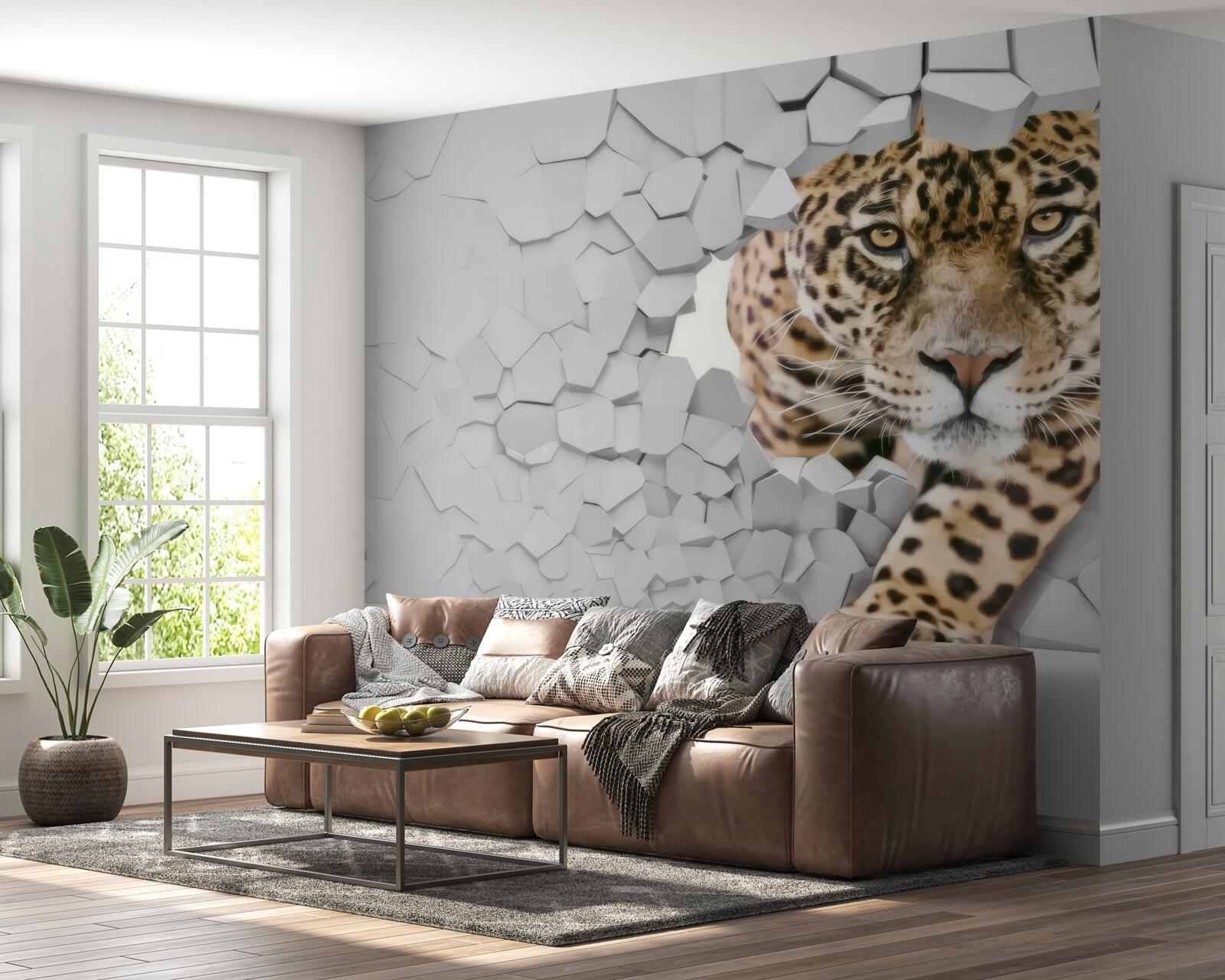 Фотошпалери з білої стіни виходить леопард