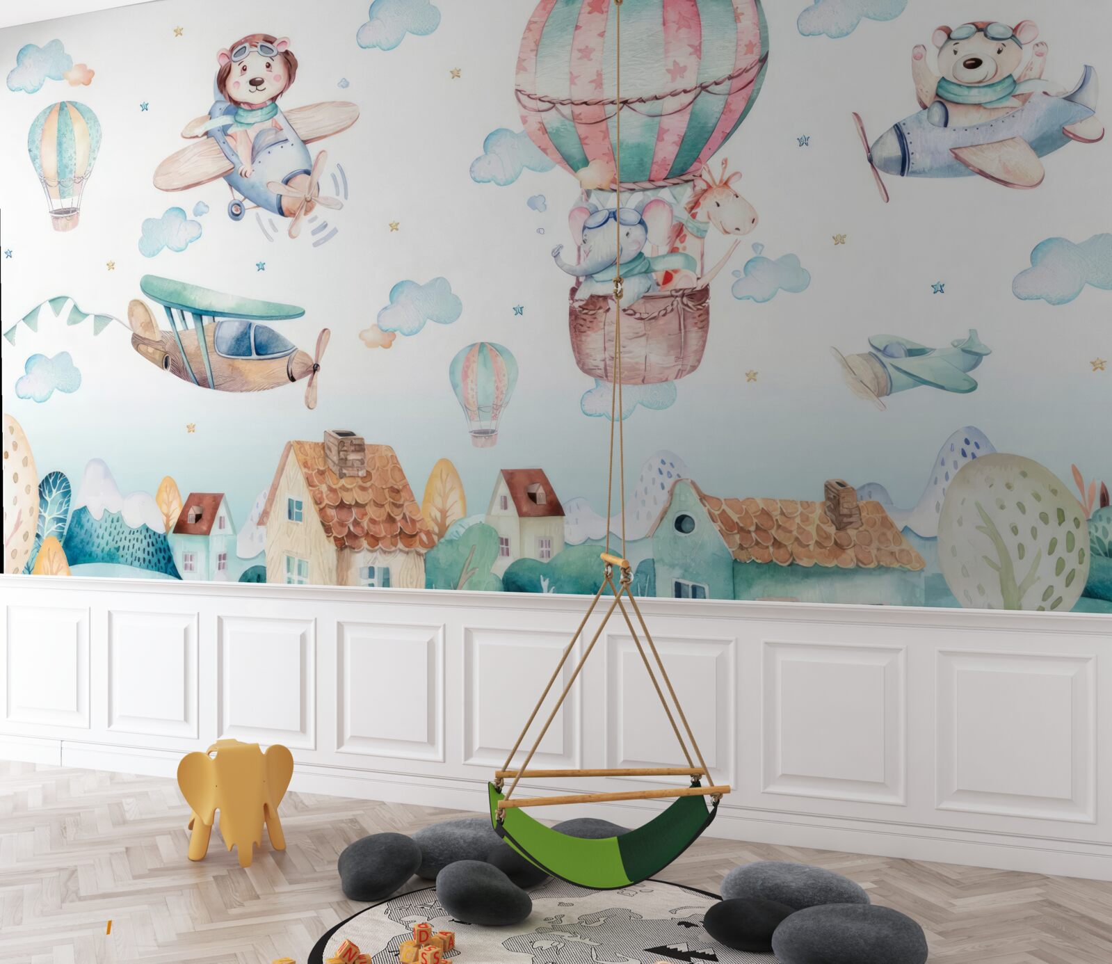 Фотошпалери тварини пролітають над будинками з автомобілями