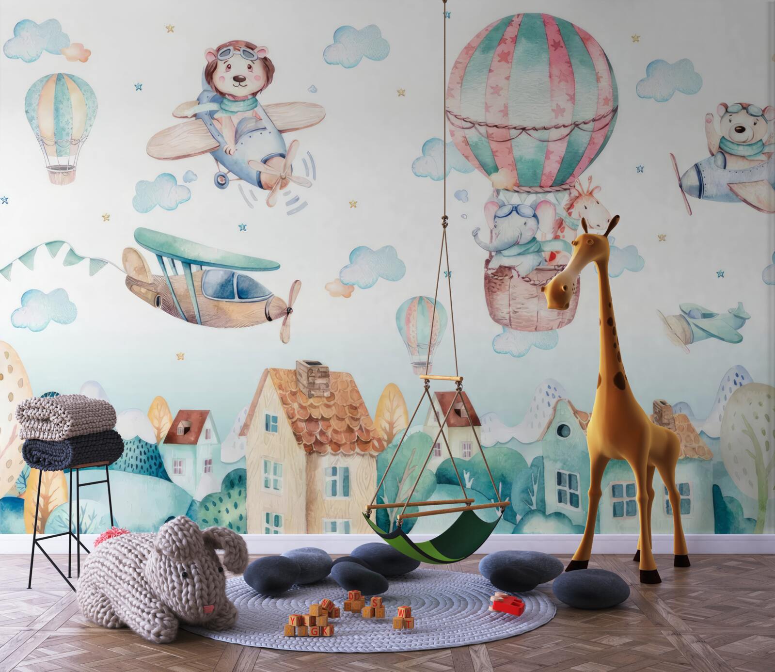 Фотошпалери тварини пролітають над будинками з автомобілями