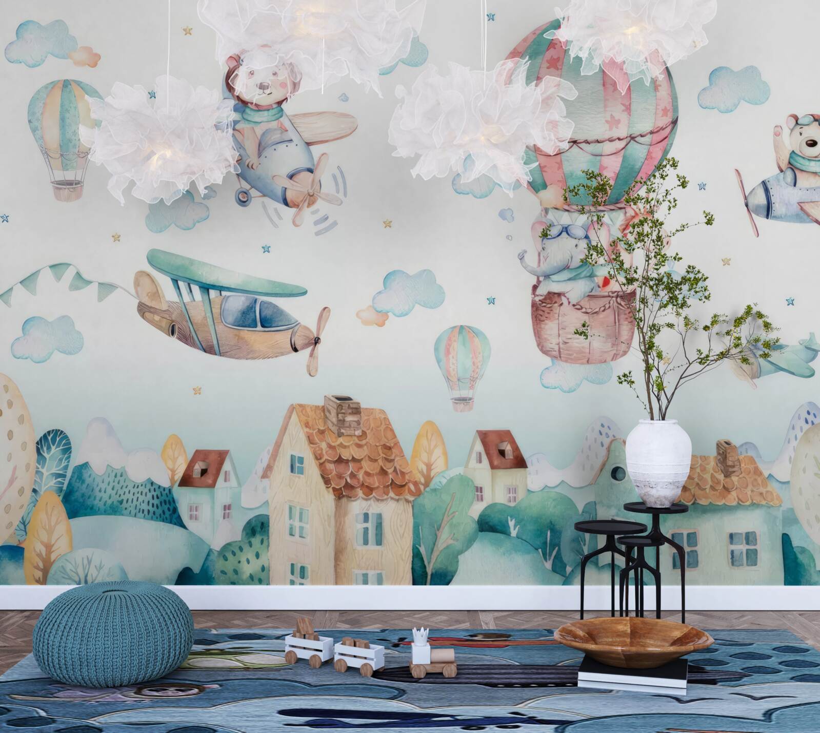 Фотошпалери тварини пролітають над будинками з автомобілями