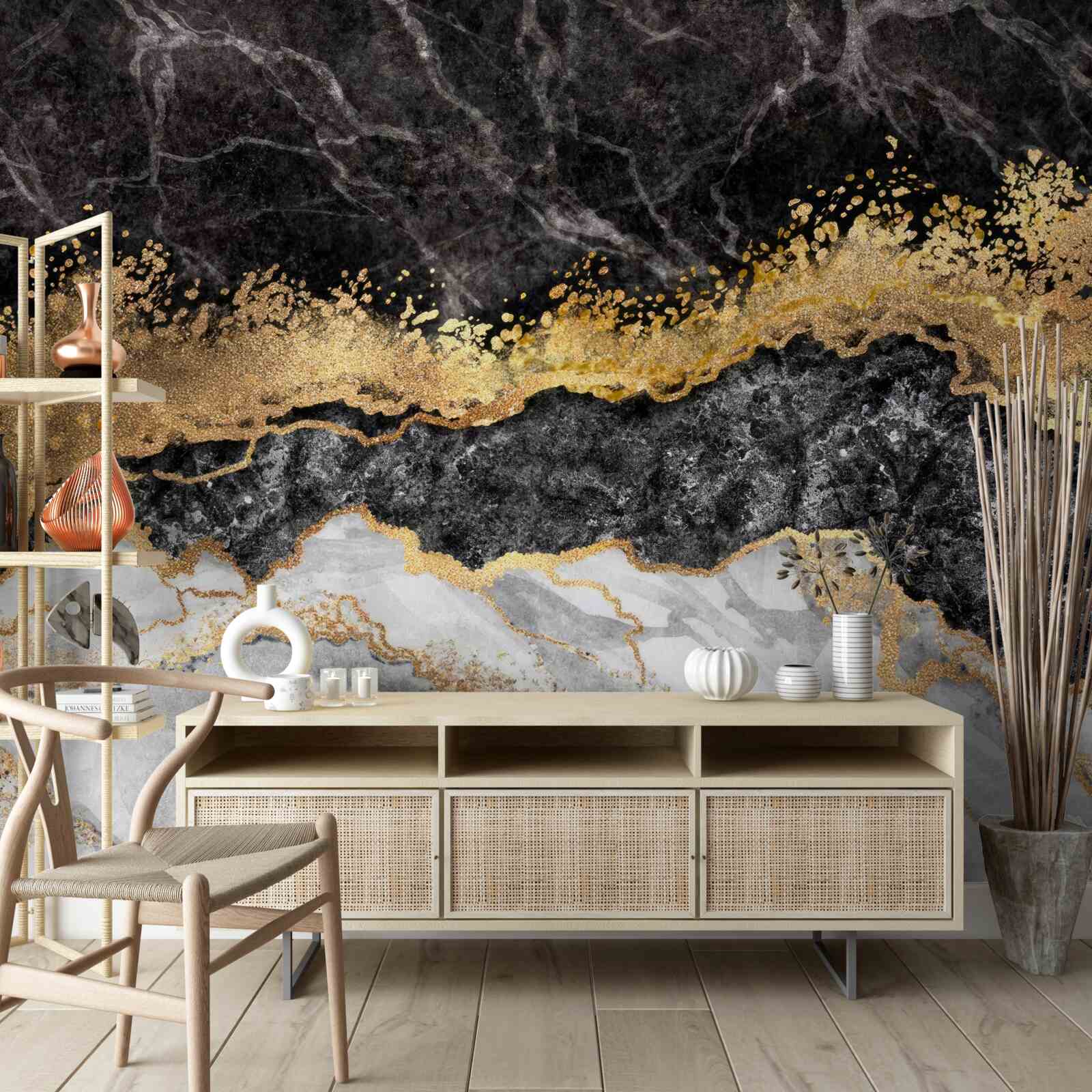 Фотошпалери мармур у відтінках чорного, білого та золотого