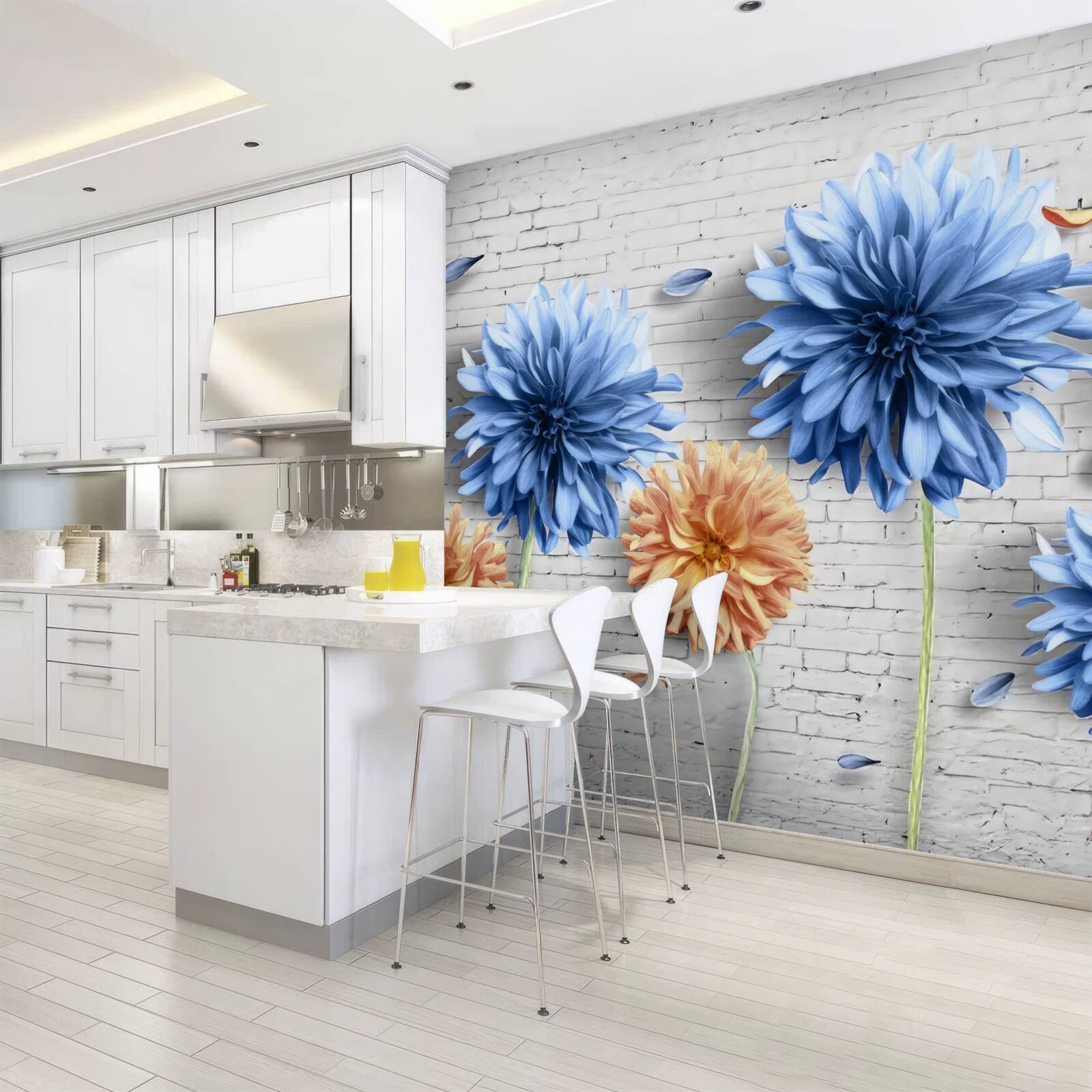 Фотошпалери Квіти у відтінках коричневого та синього на цегляному тлі
