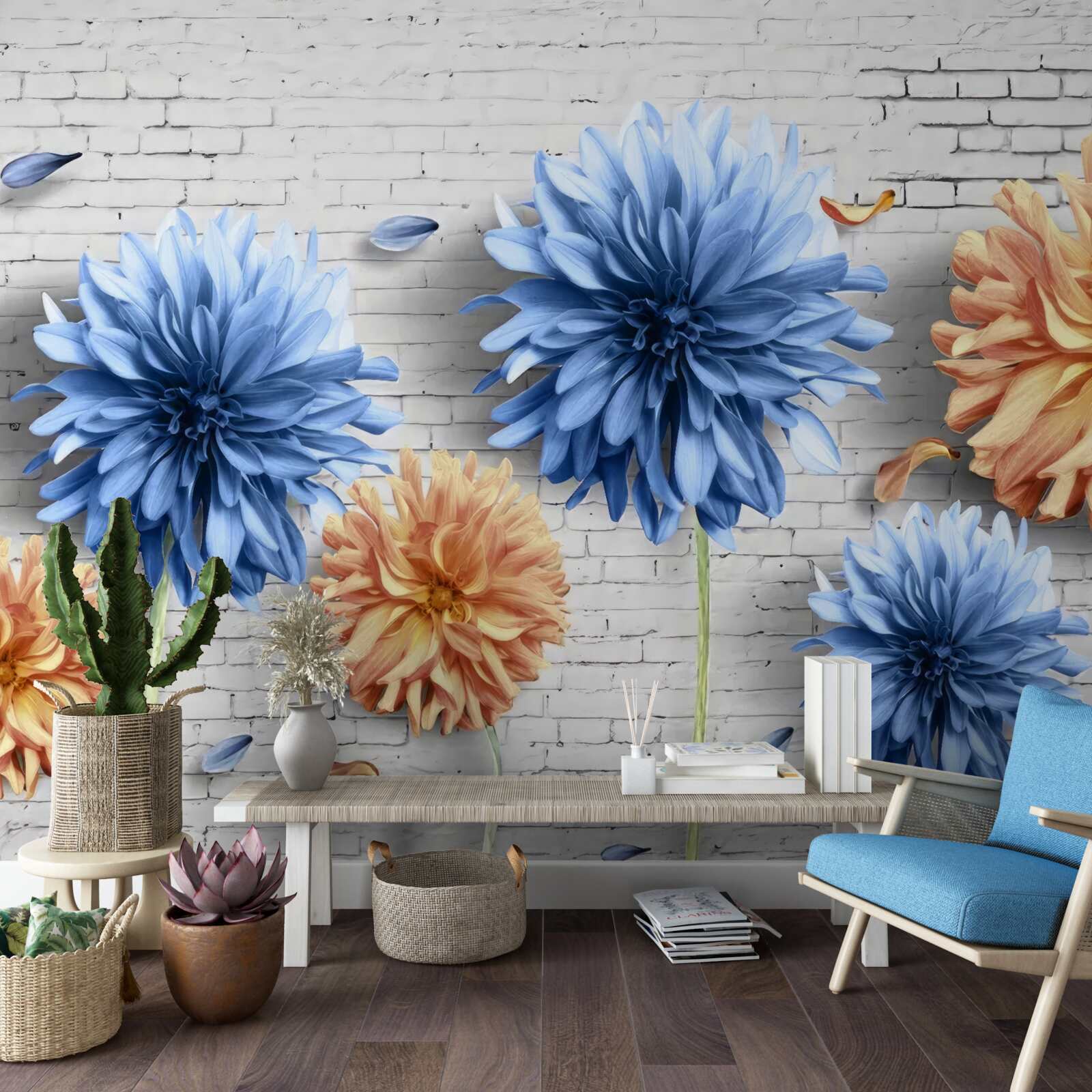 Фотошпалери Квіти у відтінках коричневого та синього на цегляному тлі