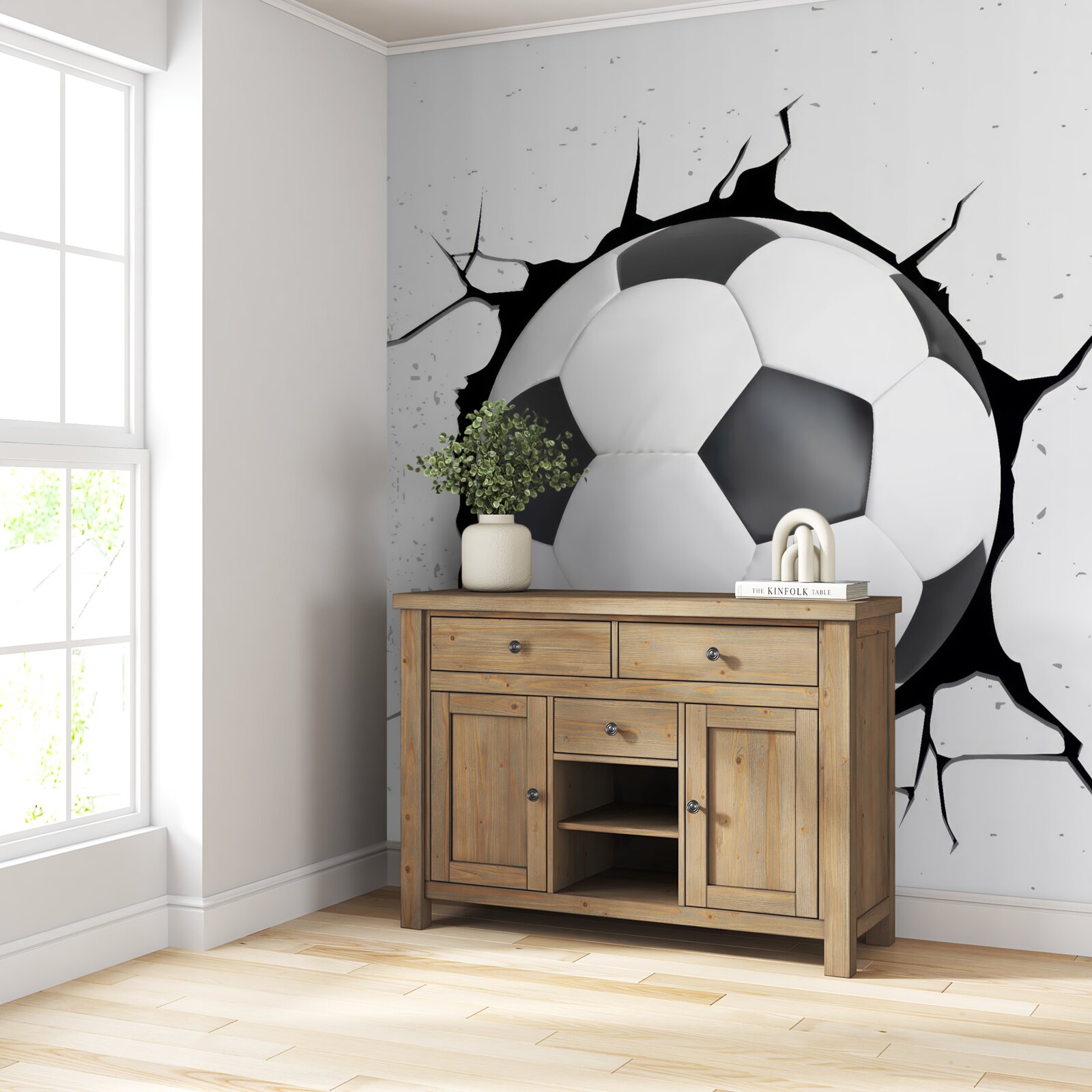 Фотошпалери зі стіни стирчить футбольний м'яч