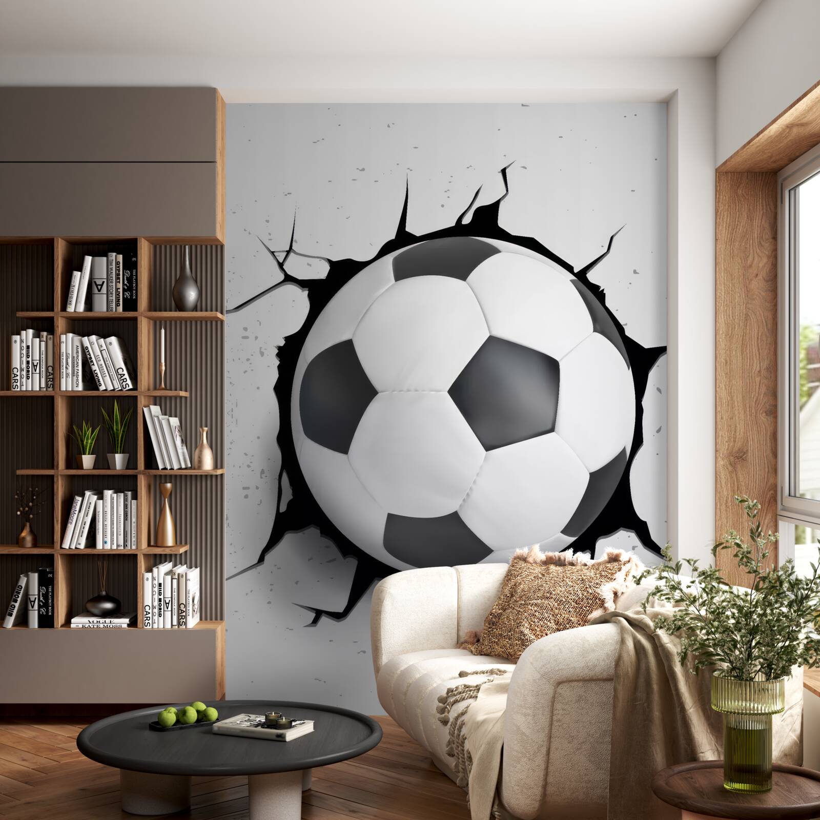Фотошпалери зі стіни стирчить футбольний м'яч