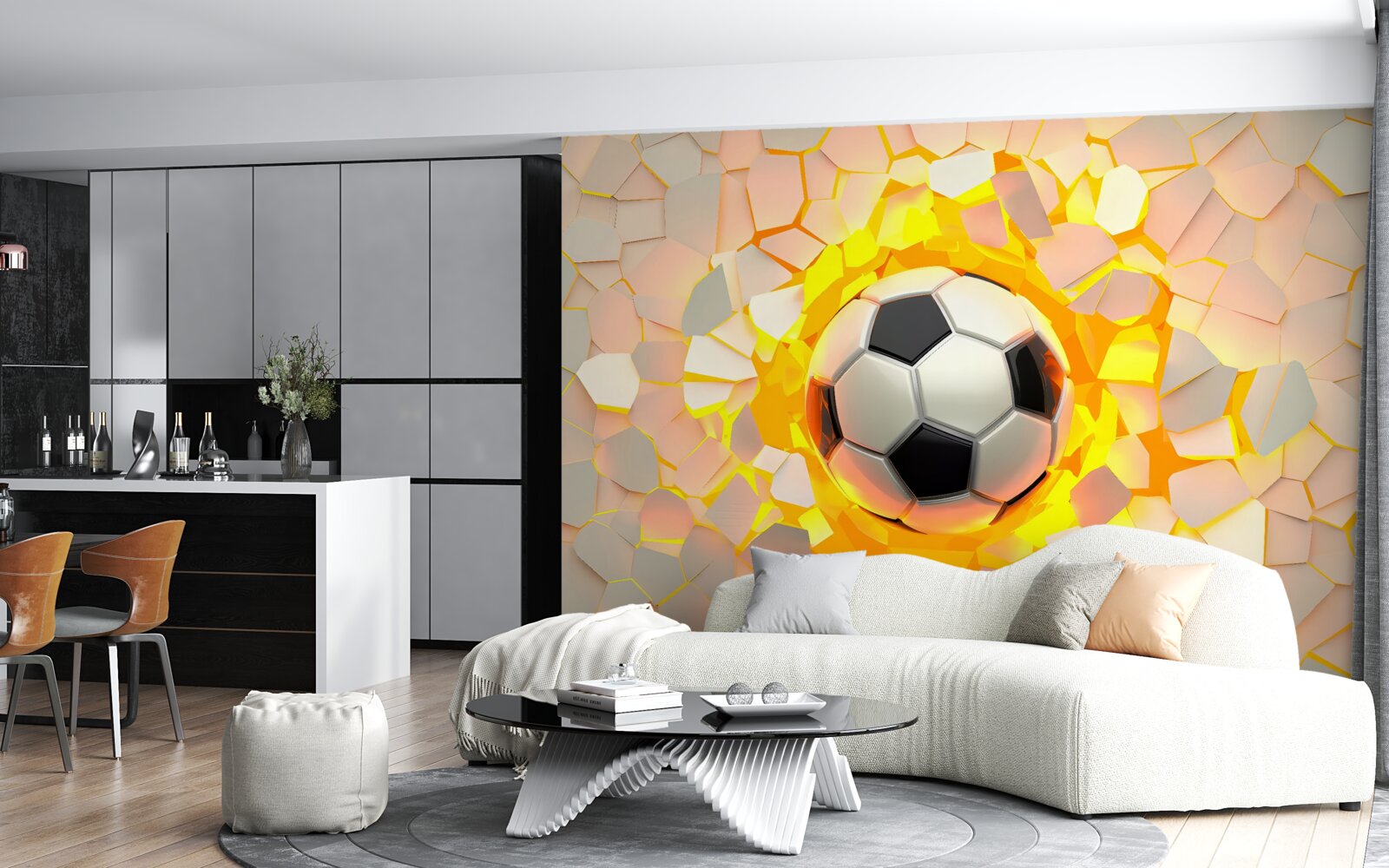 Фотошпалери куля пробиває стіну, випромінюючи золотисте сяйво