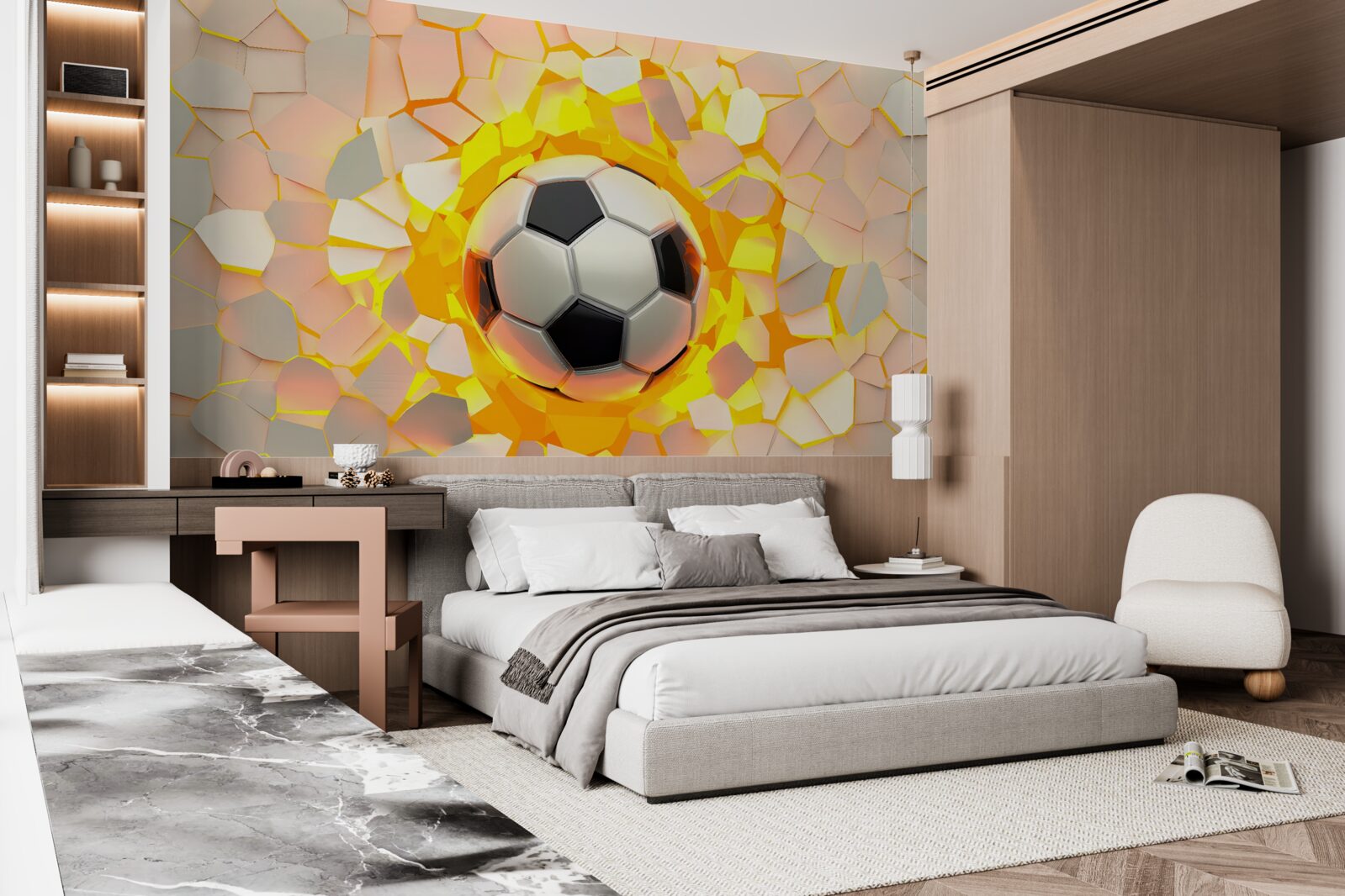 Фотошпалери куля пробиває стіну, випромінюючи золотисте сяйво