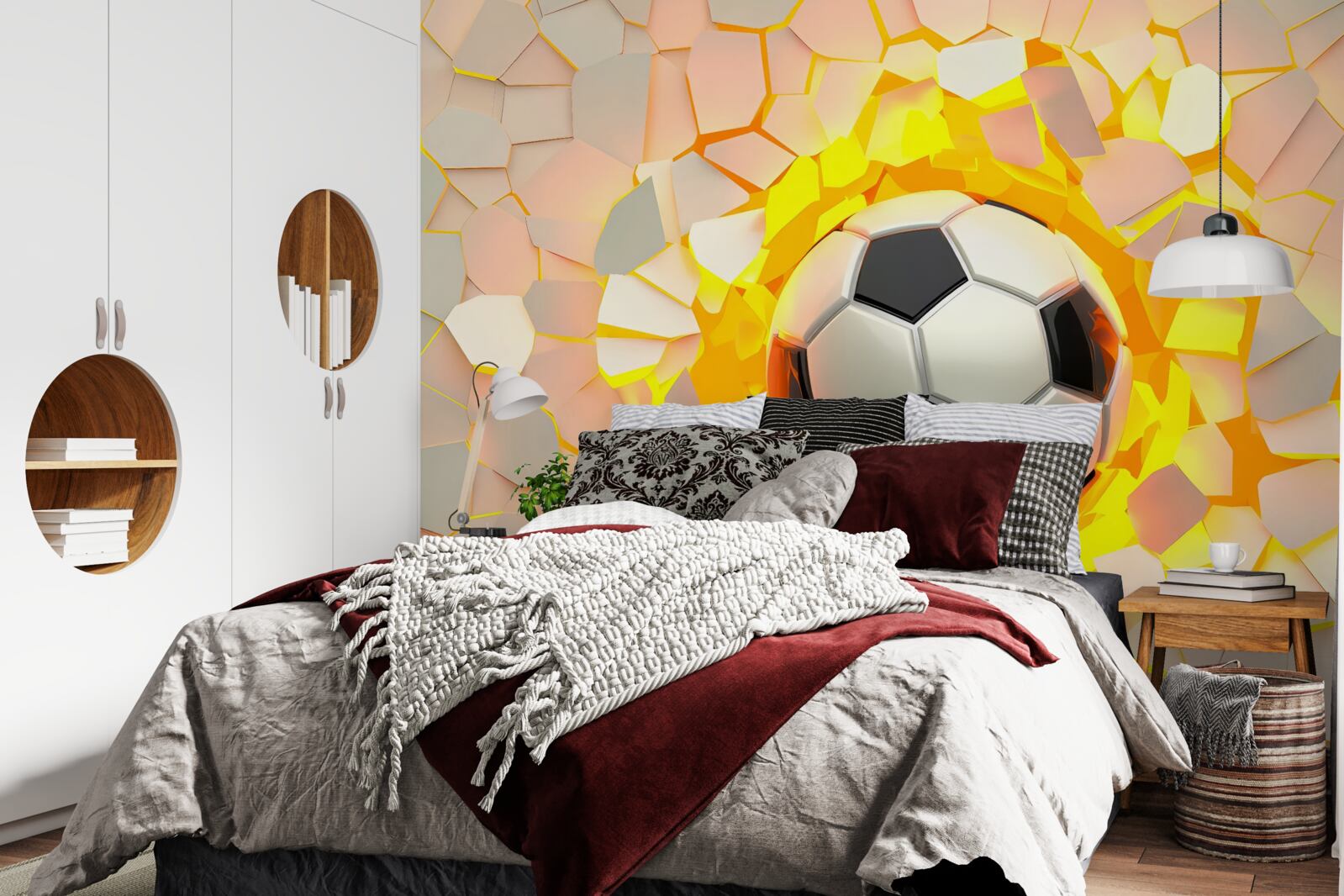 Фотошпалери куля пробиває стіну, випромінюючи золотисте сяйво