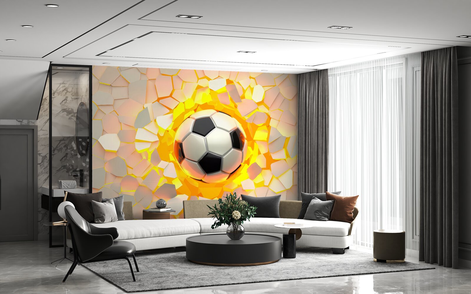 Фотошпалери куля пробиває стіну, випромінюючи золотисте сяйво