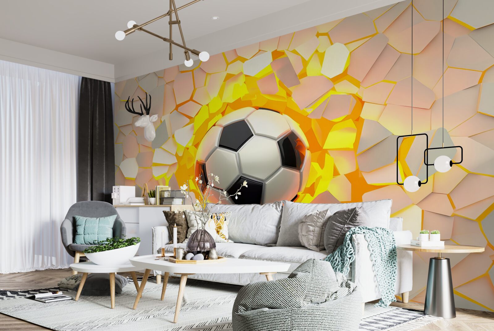 Фотошпалери куля пробиває стіну, випромінюючи золотисте сяйво