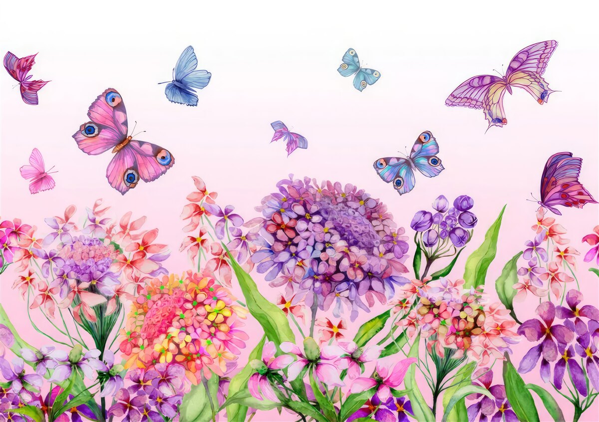 Фотошпалери над квітами літають метелики