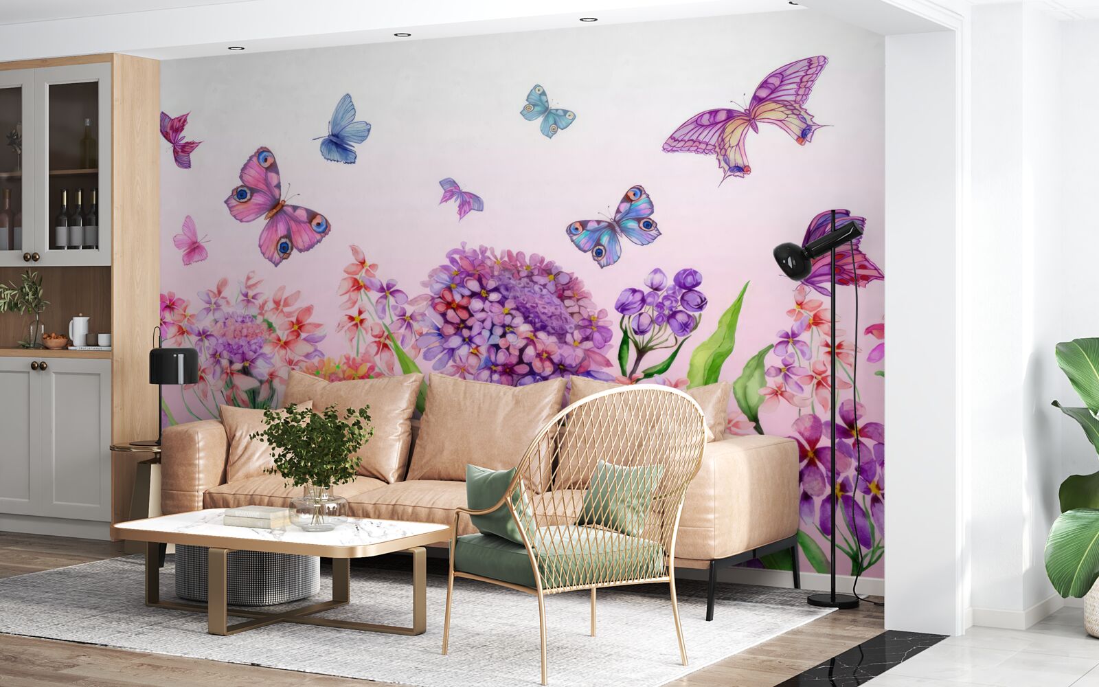 Фотошпалери над квітами літають метелики