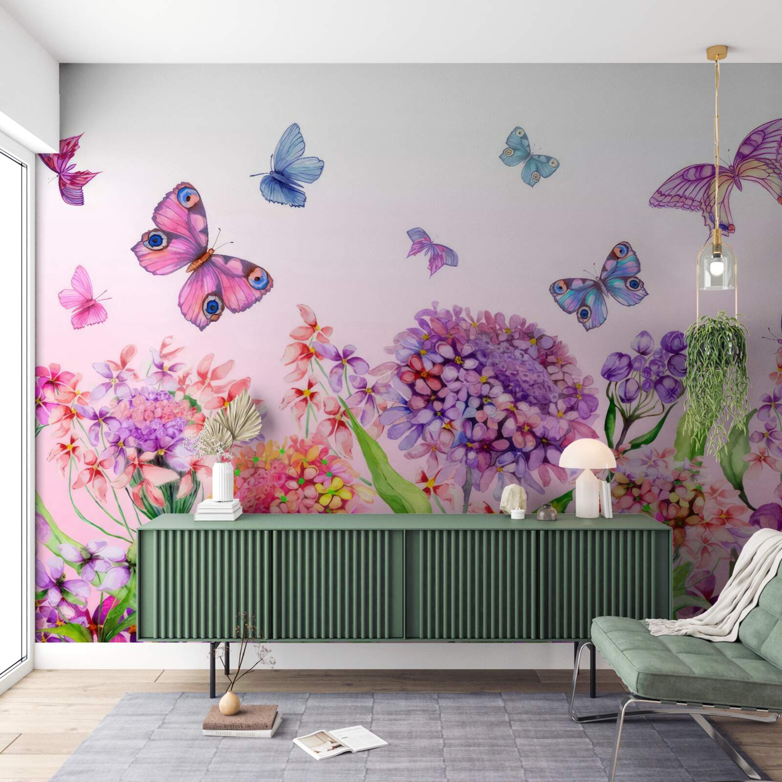 Фотошпалери над квітами літають метелики