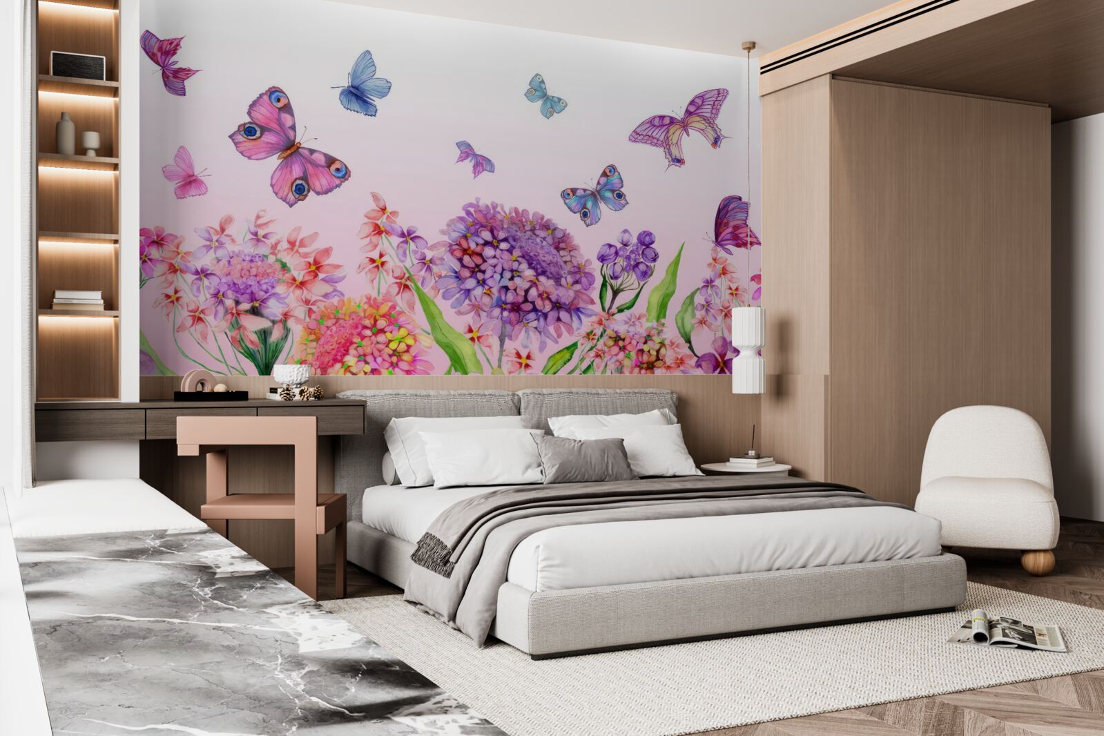 Фотошпалери над квітами літають метелики