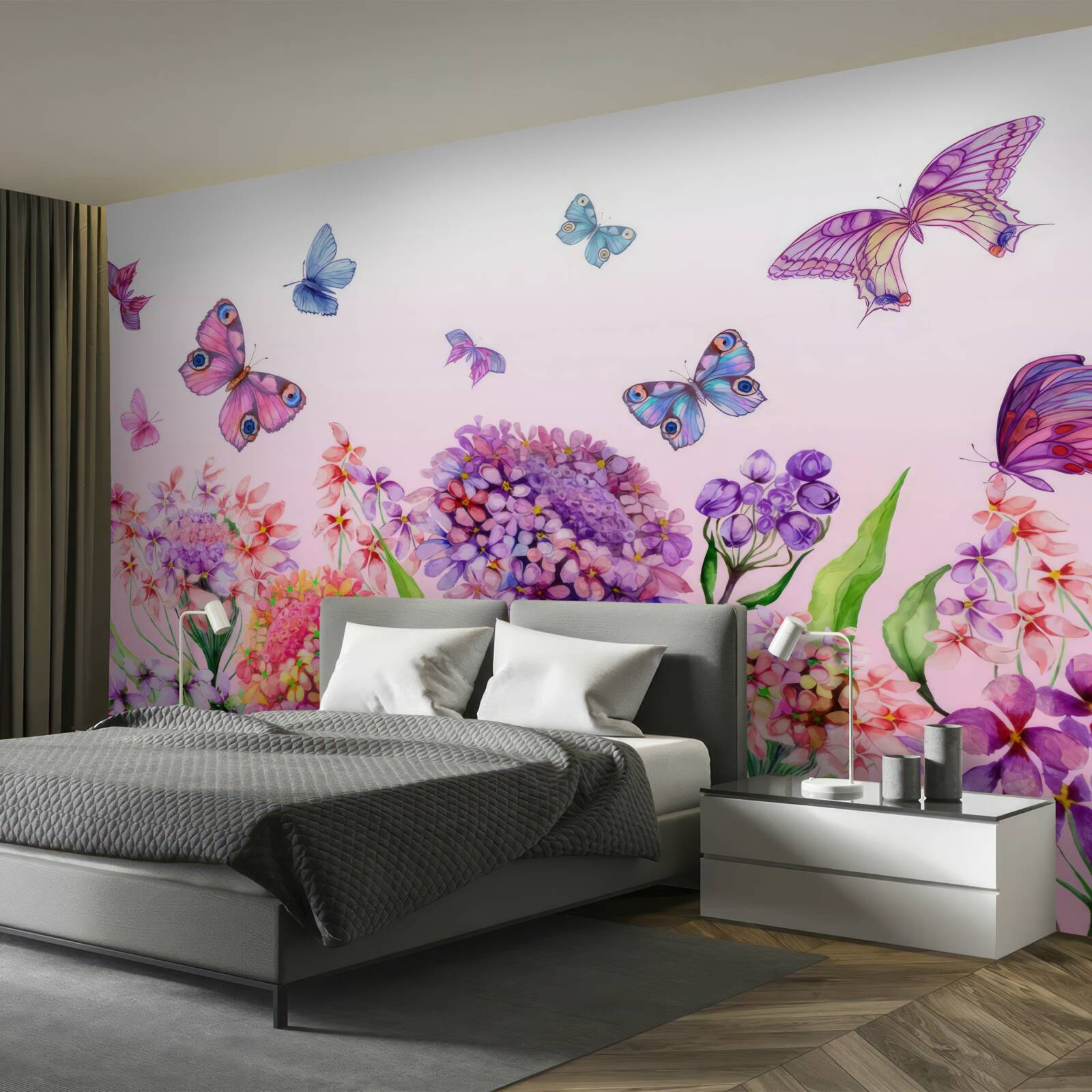 Фотошпалери над квітами літають метелики