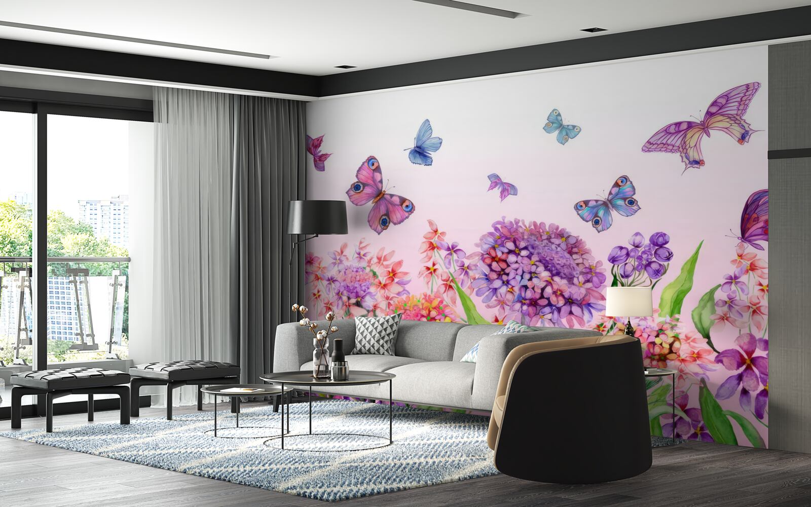 Фотошпалери над квітами літають метелики