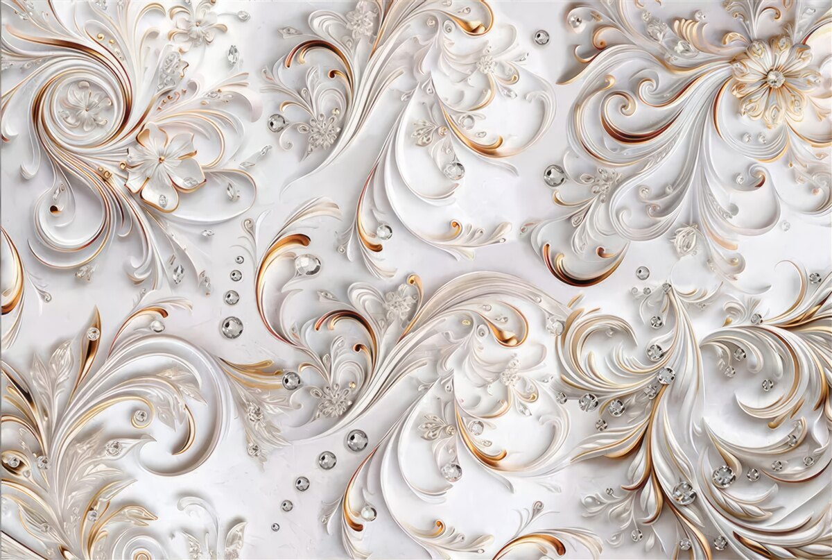 Фотошпалери білосніжні квіти з золотистими завитками та об'ємними елементами