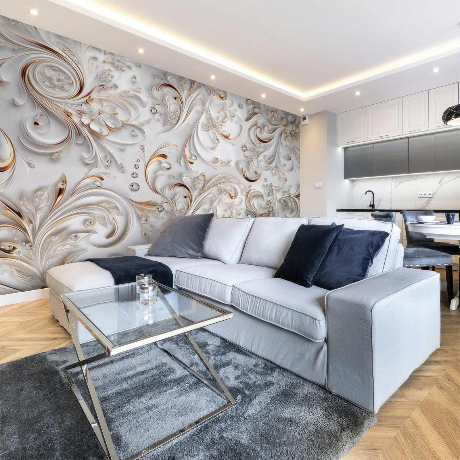 Фотошпалери білосніжні квіти з золотистими завитками та об'ємними елементами