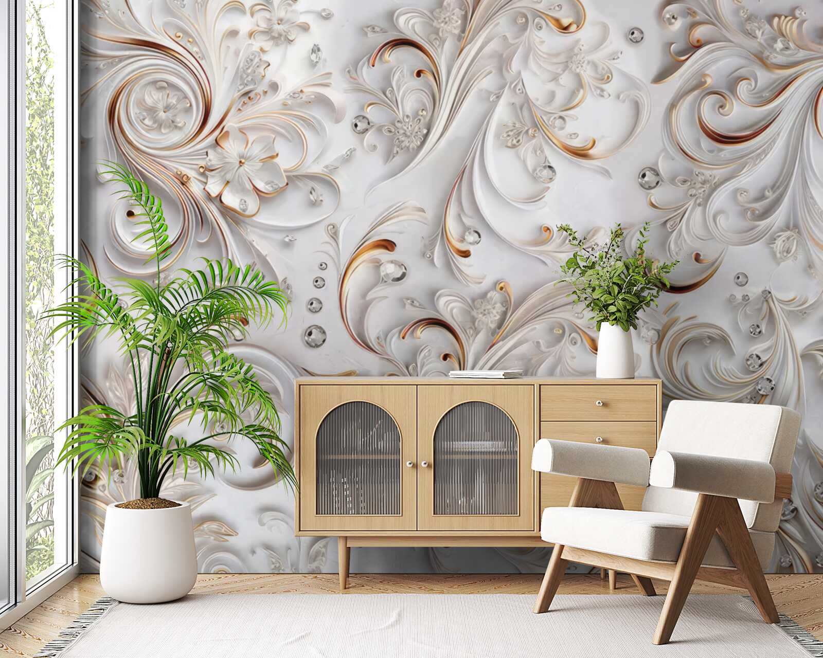 Фотошпалери білосніжні квіти з золотистими завитками та об'ємними елементами