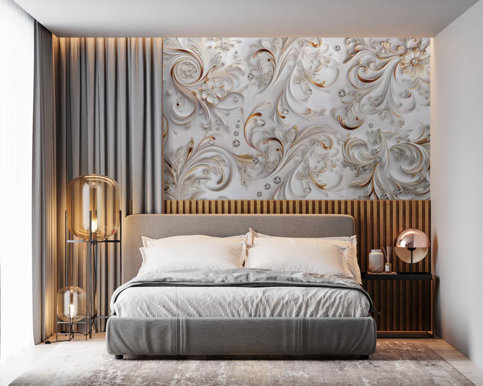 Фотошпалери білосніжні квіти з золотистими завитками та об'ємними елементами