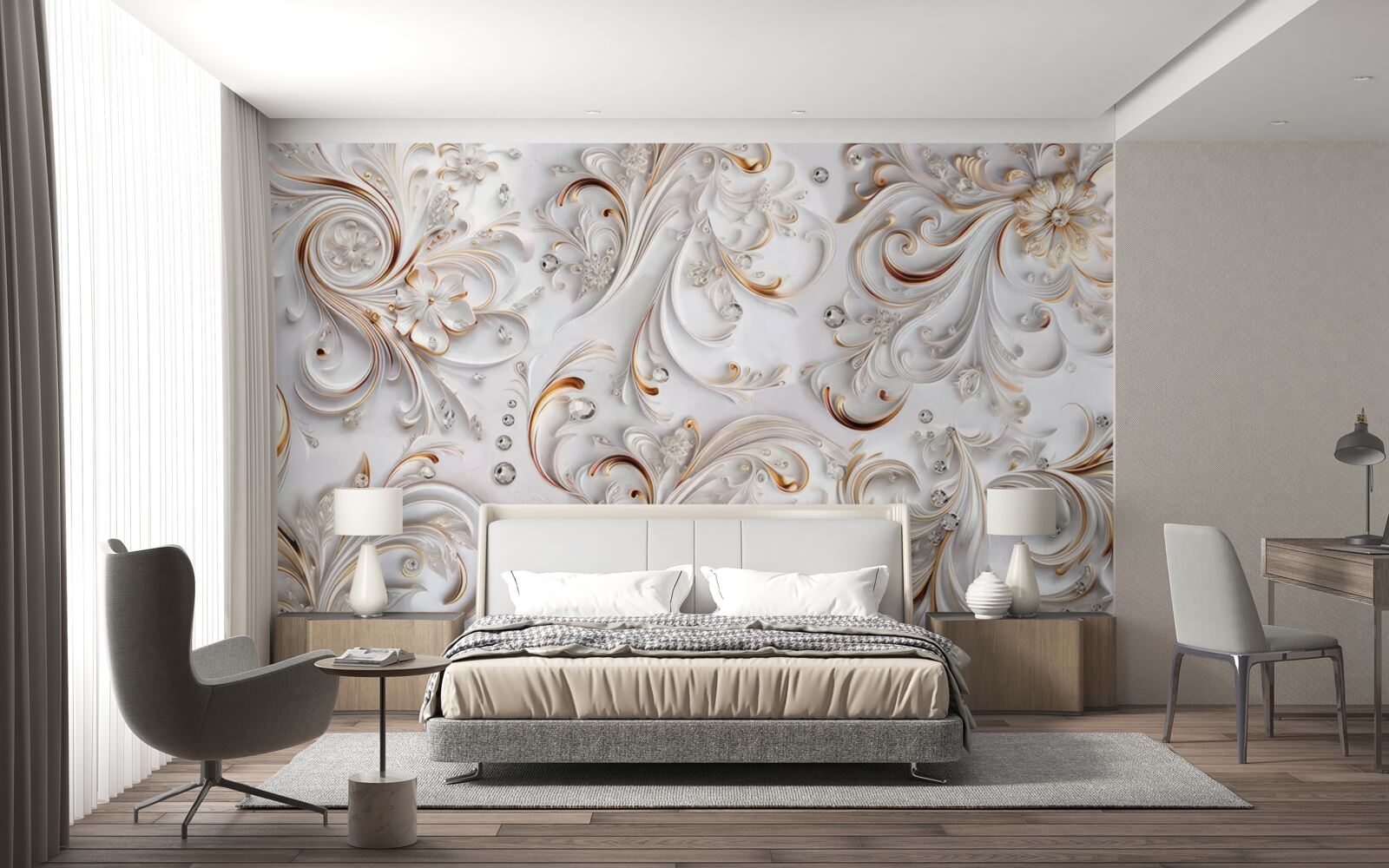Фотошпалери білосніжні квіти з золотистими завитками та об'ємними елементами