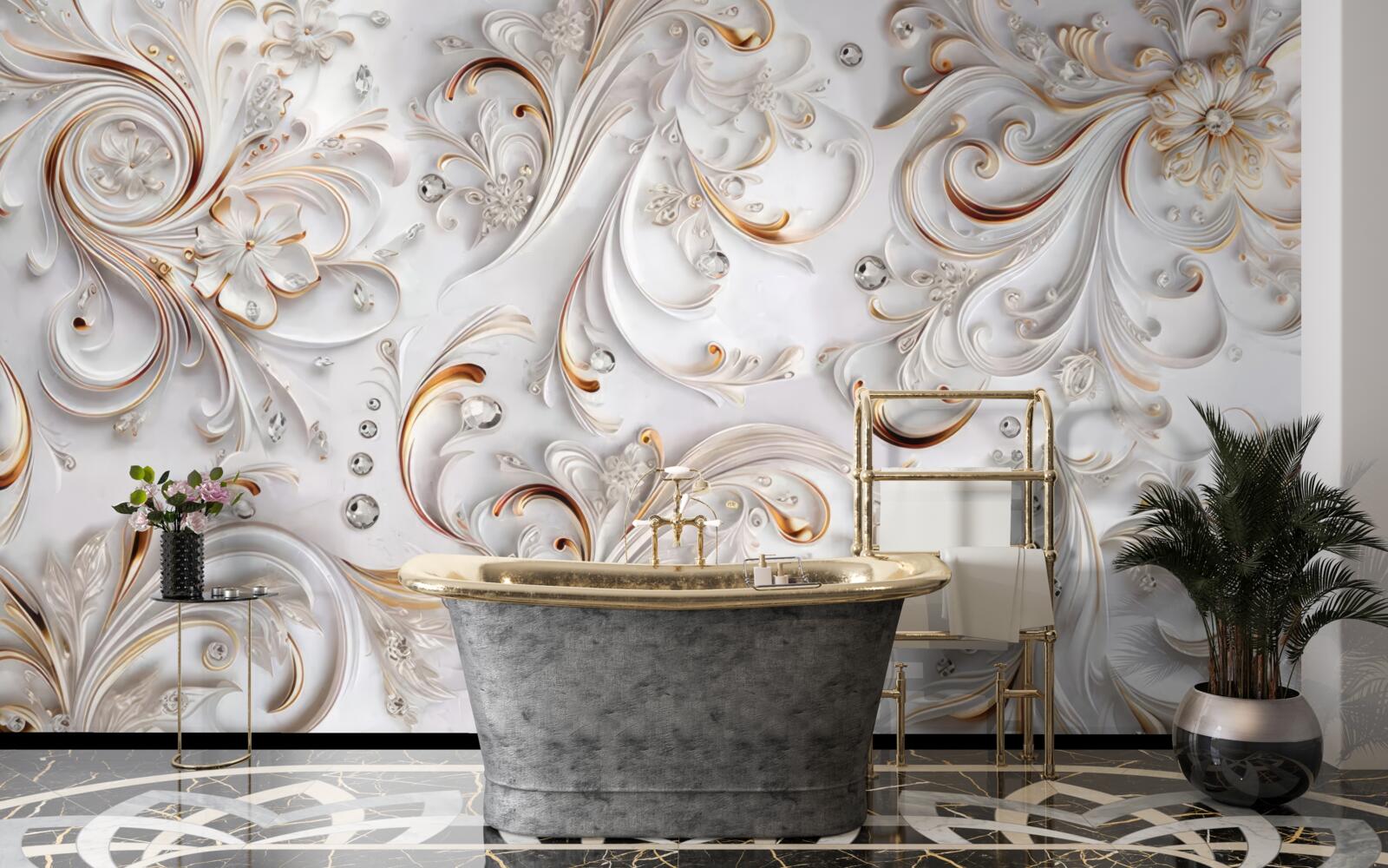 Фотошпалери білосніжні квіти з золотистими завитками та об'ємними елементами