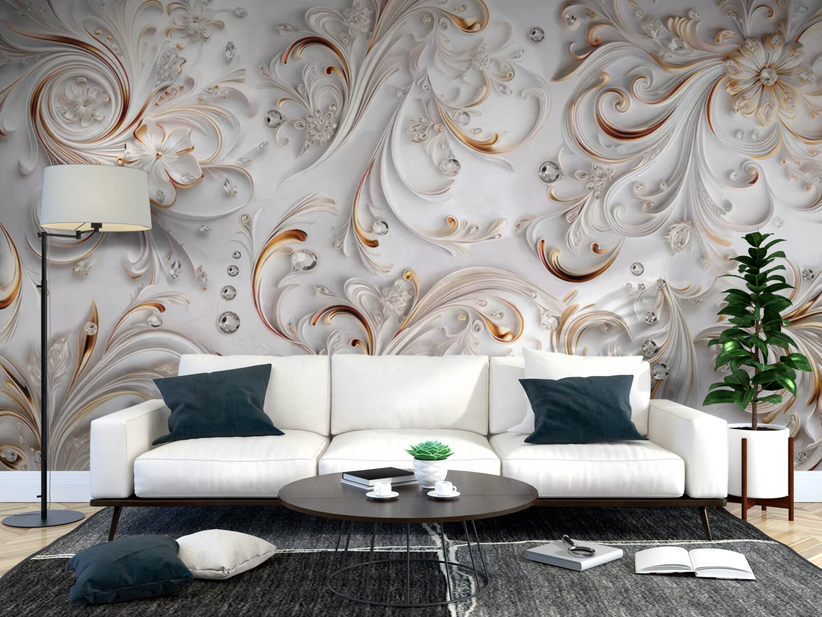 Фотошпалери білосніжні квіти з золотистими завитками та об'ємними елементами