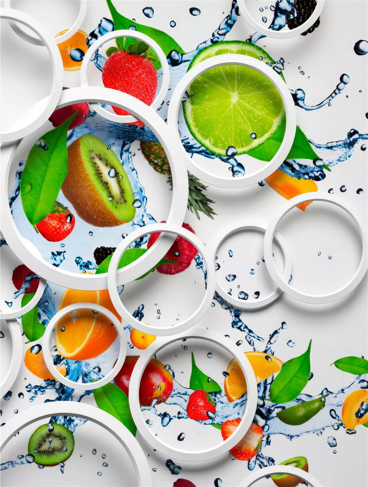 Фотошпалери білі об'ємні кола та фрукти