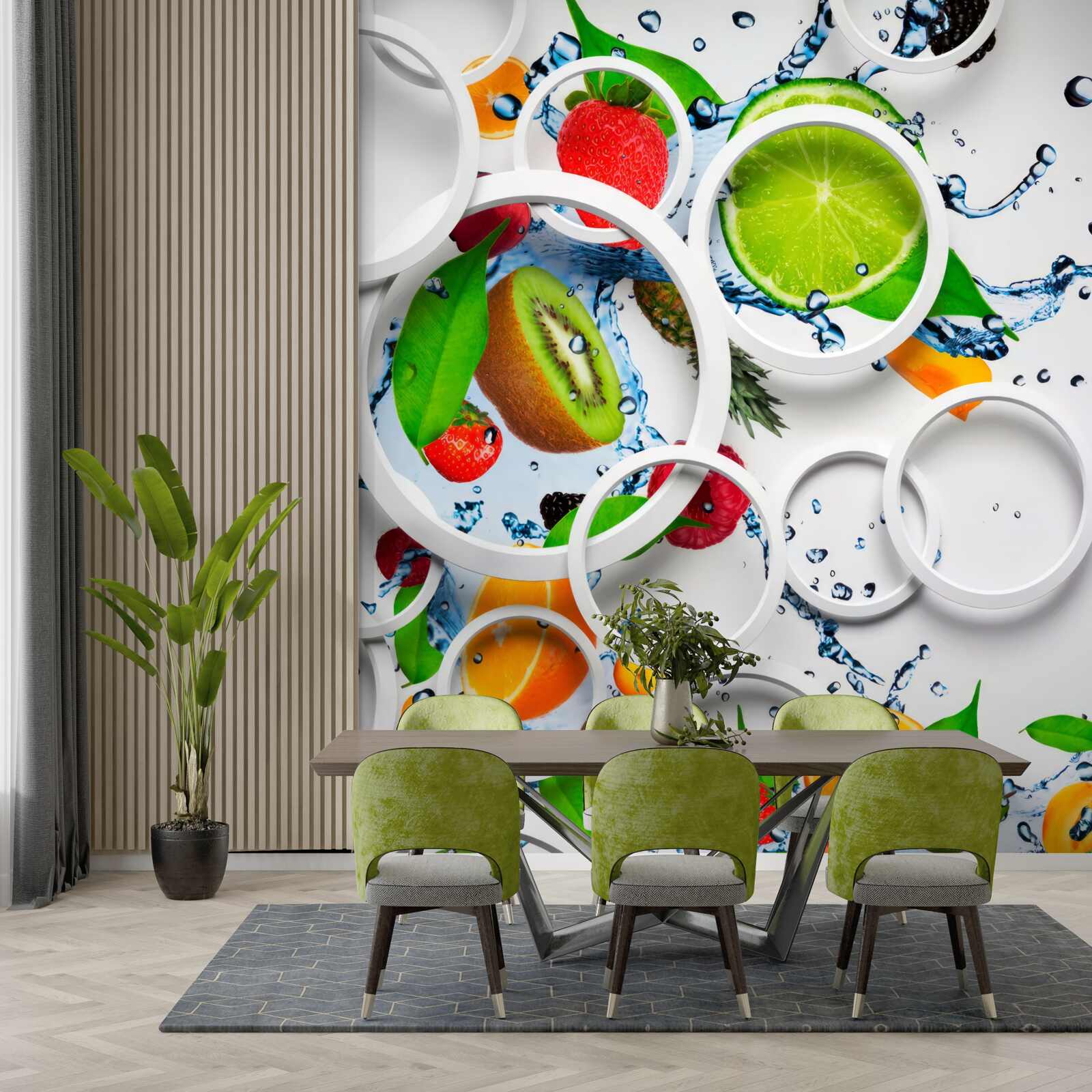 Фотошпалери білі об'ємні кола та фрукти