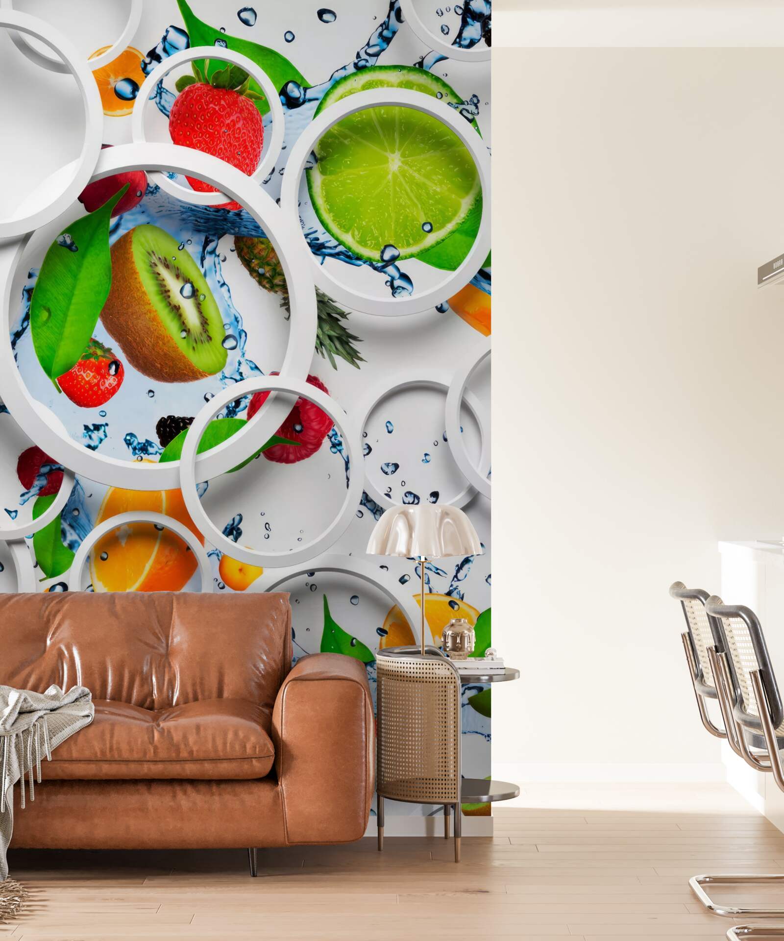 Фотошпалери білі об'ємні кола та фрукти