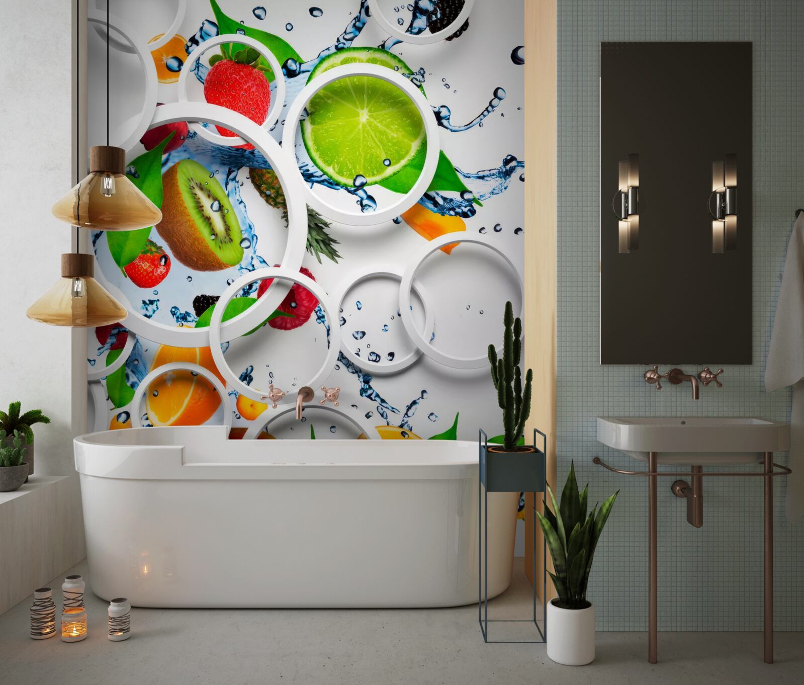 Фотошпалери білі об'ємні кола та фрукти