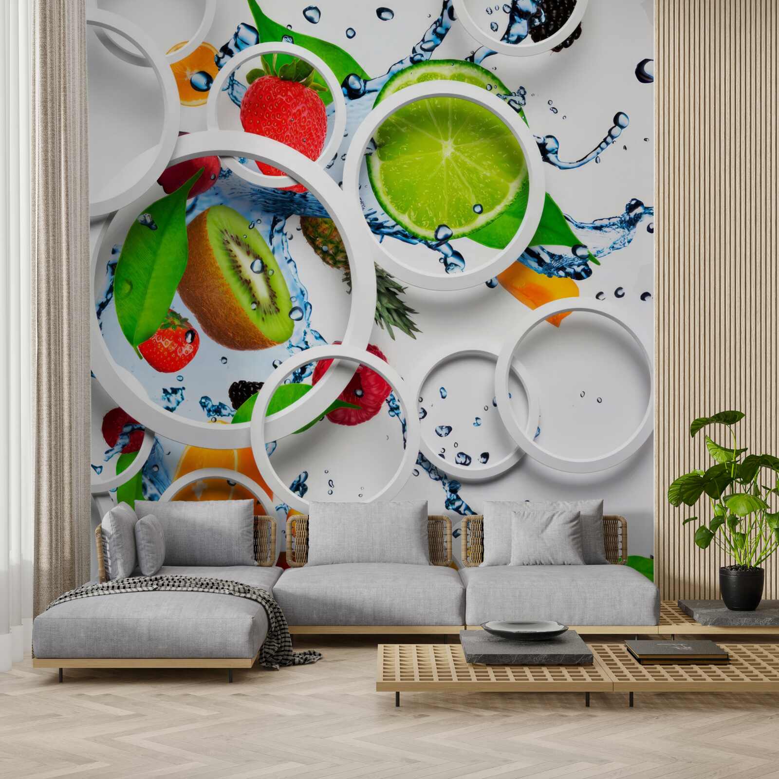 Фотошпалери білі об'ємні кола та фрукти