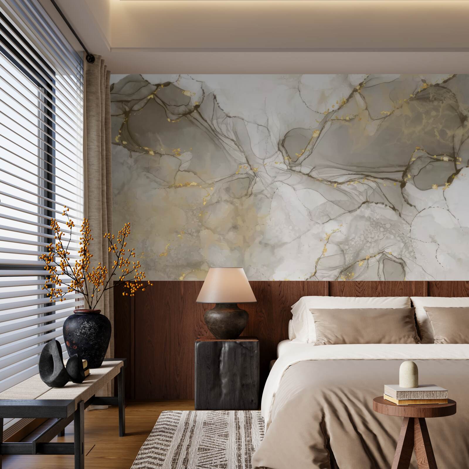 Фотошпалери біло-сірий з позолоченим мармуром