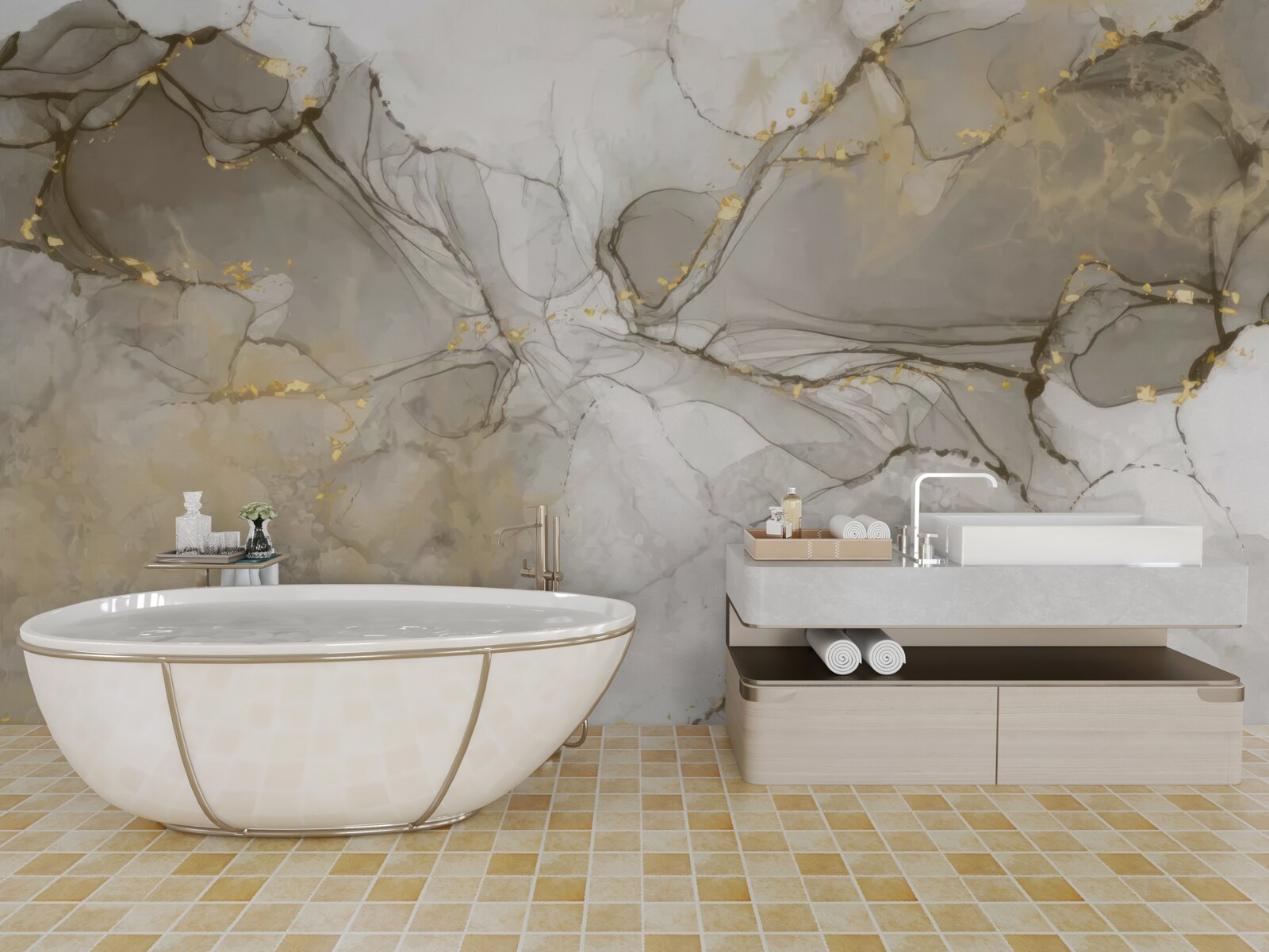 Фотошпалери біло-сірий з позолоченим мармуром