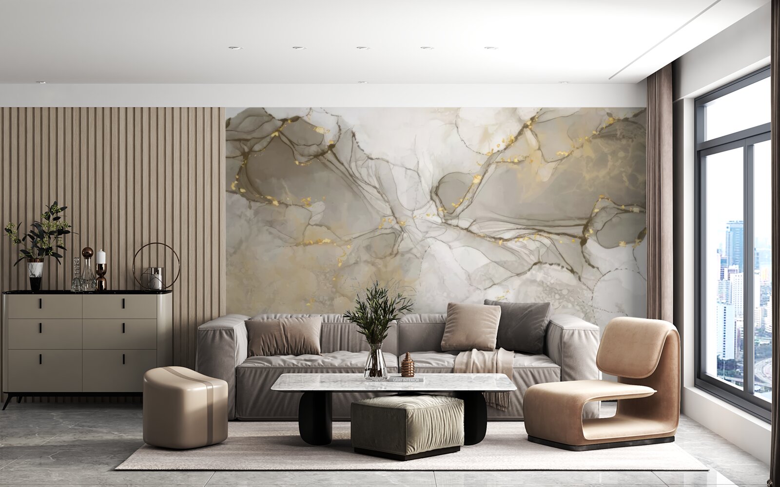 Фотошпалери біло-сірий з позолоченим мармуром