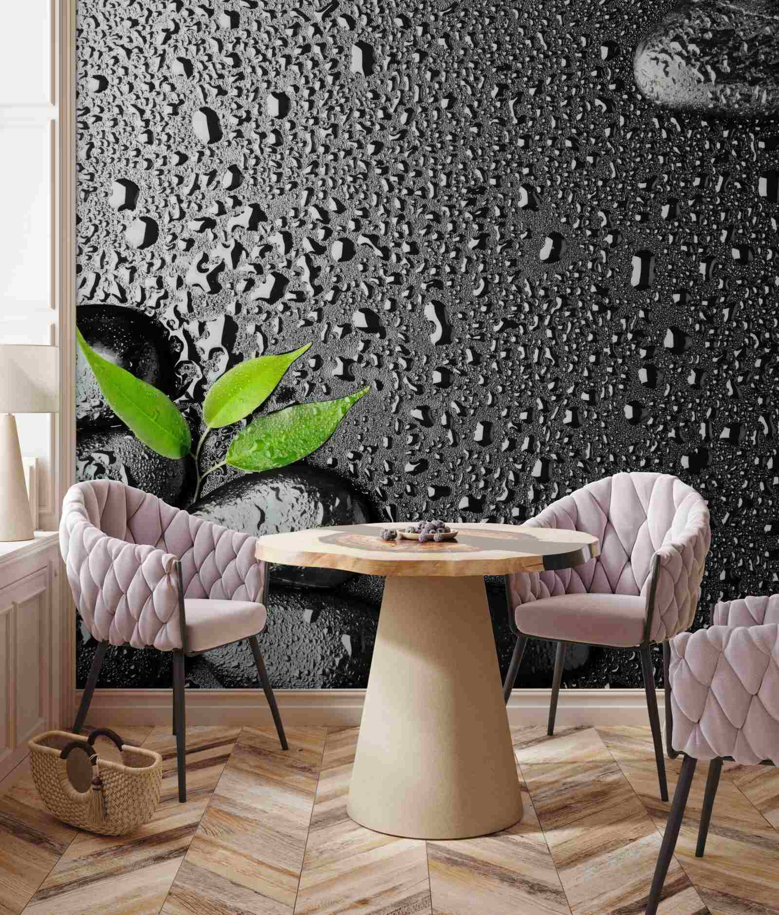 Фотошпалери зелене листя і чорне каміння