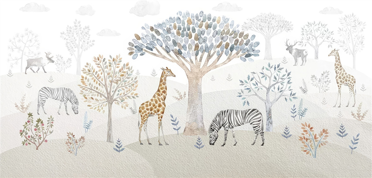 Фотошпалери у лісі живуть жирафи, зебри та олені