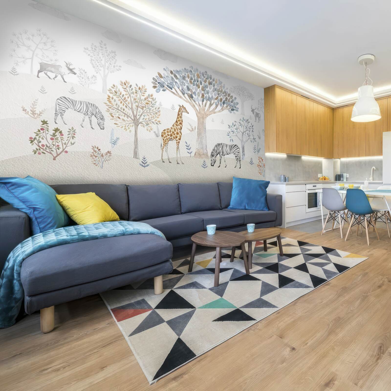 Фотошпалери у лісі живуть жирафи, зебри та олені