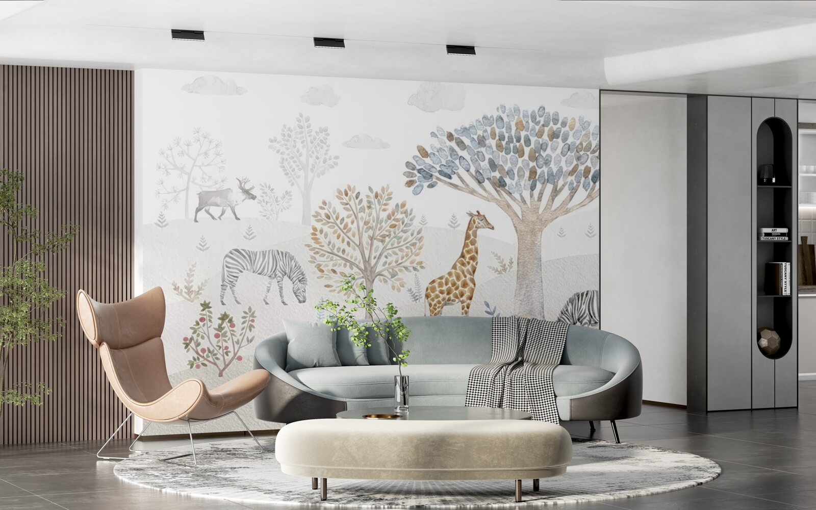 Фотошпалери у лісі живуть жирафи, зебри та олені